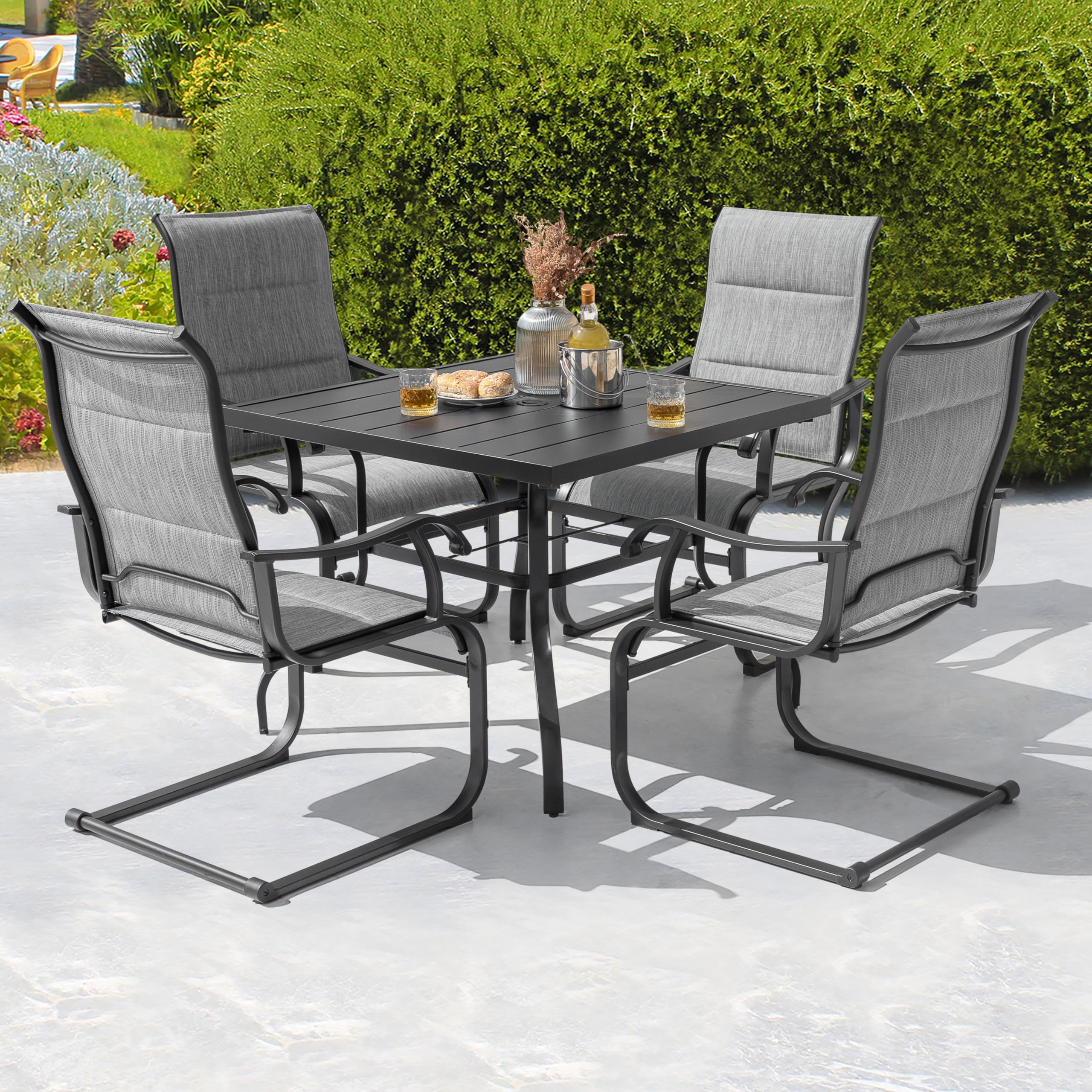 NUU GARDEN 37 Inch Square Outdoor Dining Table for 4 - Steel Slat Patio Table with Umbrella Hole | Powder Coated Iron Frame | Perfect for Garden, Balcony, Backyard & Poolside Gatherings