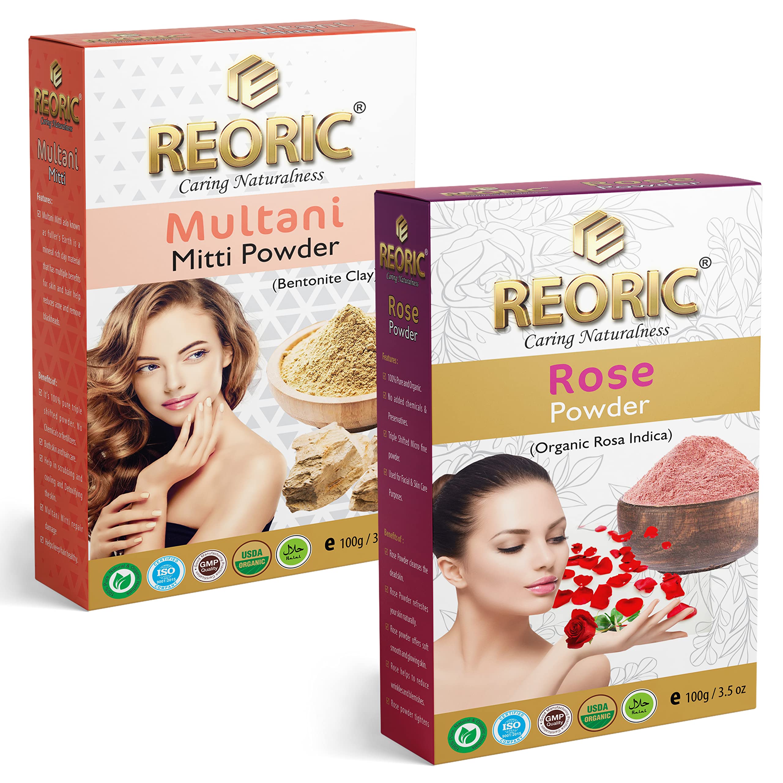 Reoric Pure Multani Mitti Clay Powder & Rose Petal Powder for Face & Skin Care | 100% Natural Facial Mask for Glowing Skin, Brightening & Fairness | DIY Face Pack for Acne, Oil Control & Detox (200g, Pack of 2) | Perfect for Spa Day, At-Home Beauty Routine & Gift Sets