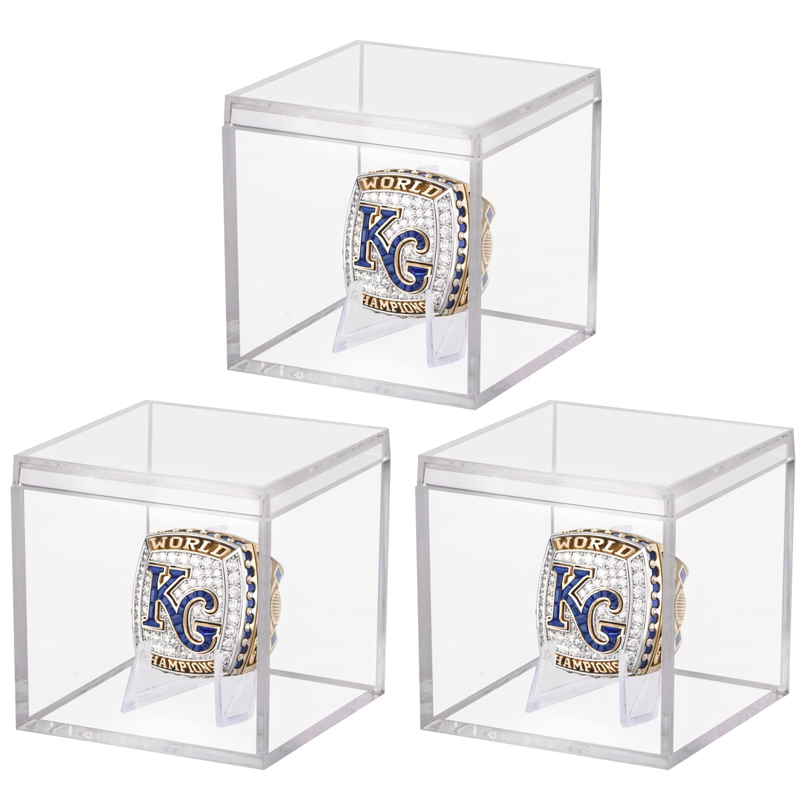 3-Piece Clear Acrylic Championship Ring Display Case with Mini Card Stand - Square Golf Ball Jewelry Storage Box for Sports Rings, Collectibles & Candy | Perfect for Trophy Displays, Retail Showcases & Gift Packaging