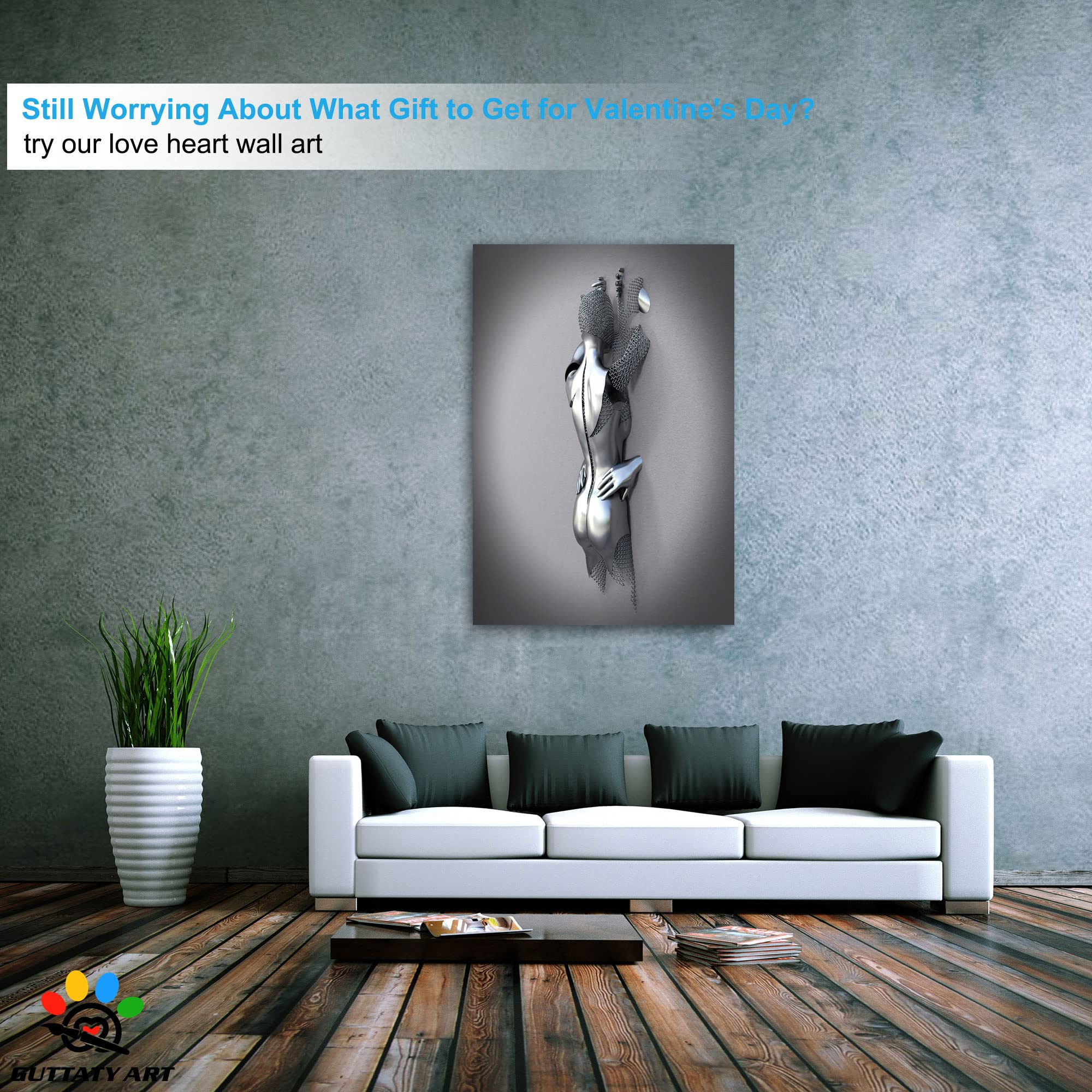 3D Metal Effect Love Heart Gray Wall Art - Romantic Hugging Couple Canvas for Bedroom & Living Room Decor - Valentine's Day Gift for Couples (32x48 Inches) - Perfect for Anniversary, Wedding & Home Interior Design