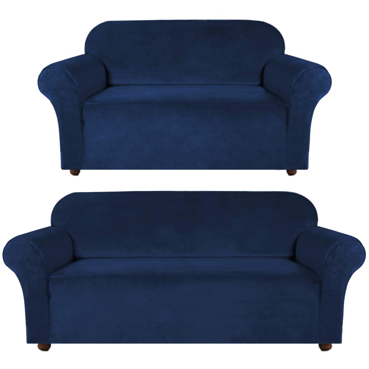 Turquoise Velvet Sofa Slipcover Set with Loveseat Cover - Stretchable Spandex Couch Covers in Navy Blue - Perfect for Living Room, Lounge & Home Decor Protection