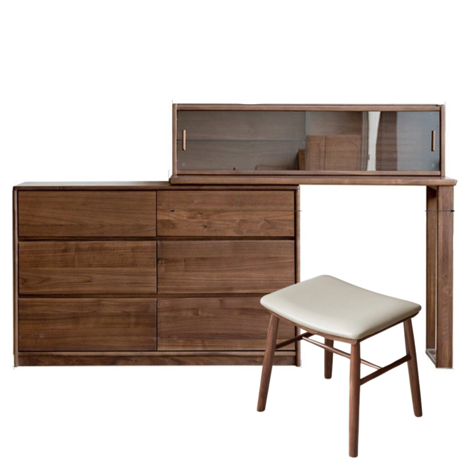 47.2x15.7x42.9 inch / 120x40x109.8 cm / Rich Dark Walnut color / six-drawer cabinet + table + upper shelf + makeup stool