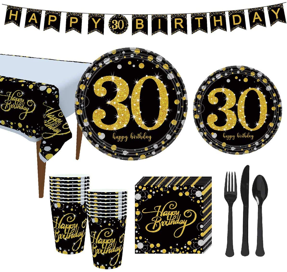 30th Birthday Party Decorations Kit - Complete Set with Plates, Cups, Napkins, Banner, Tablecloth & Cutlery - Perfect for Milestone Birthday Celebrations & Adult Party Decor