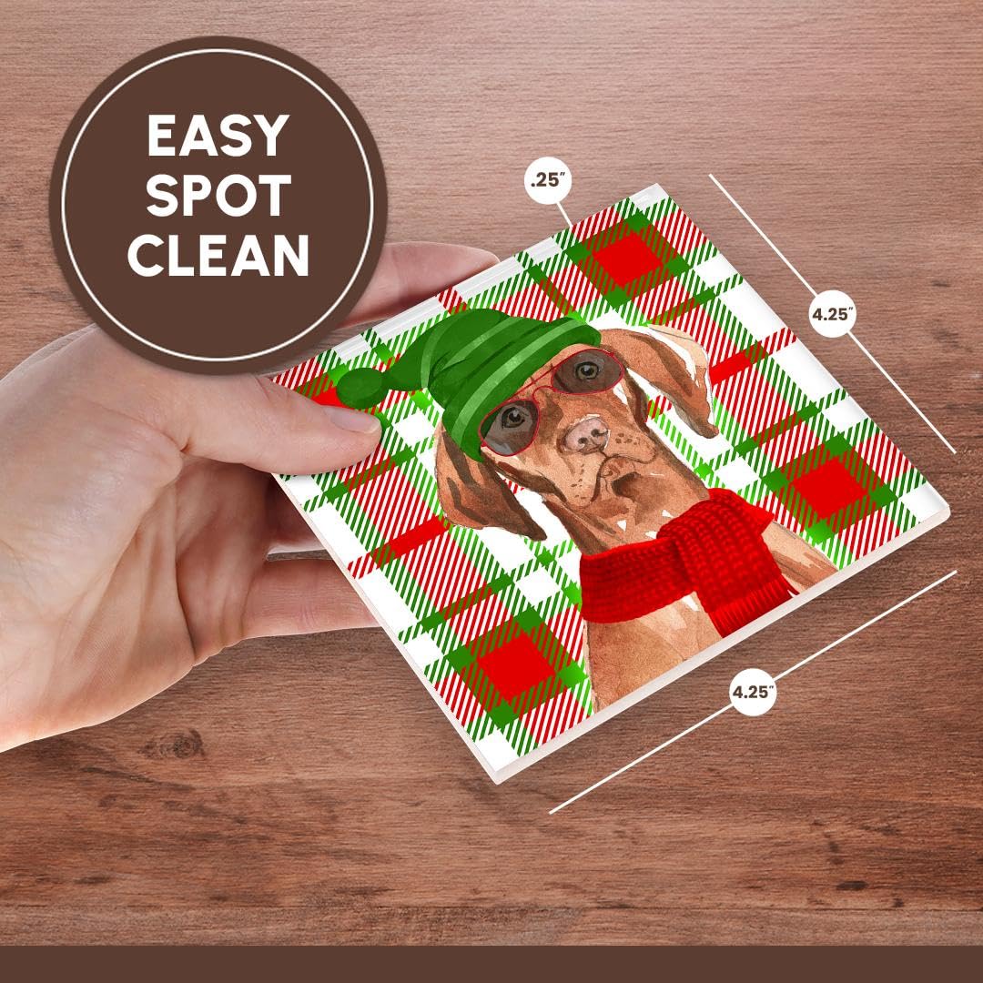 Set of 8 Ceramic Tile Coasters with Funny Vizsla Christmas Dog Design - Holiday Plaid Fleas Navidog Collection in Bold Red & Green | Perfect for Christmas Gifts, Home Decor & Party Supplies