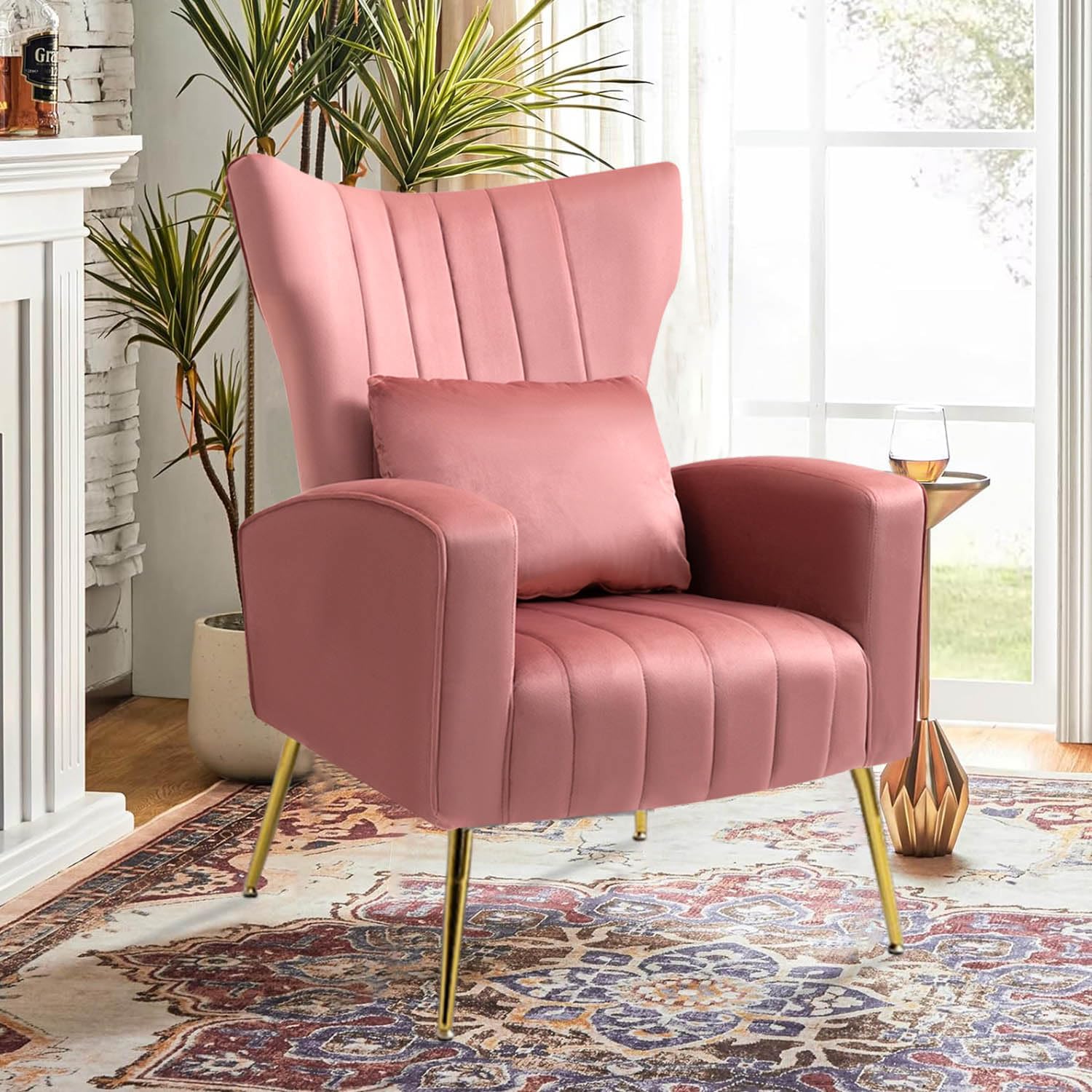 Velvet Accent Chair with Wingback Design & Gold Metal Legs - Modern Armchair for Living Room, Bedroom, or Office - Includes Lumbar Pillow in Blush Pink - Perfect for Reading Nooks, Home Decor, and Relaxation Spaces