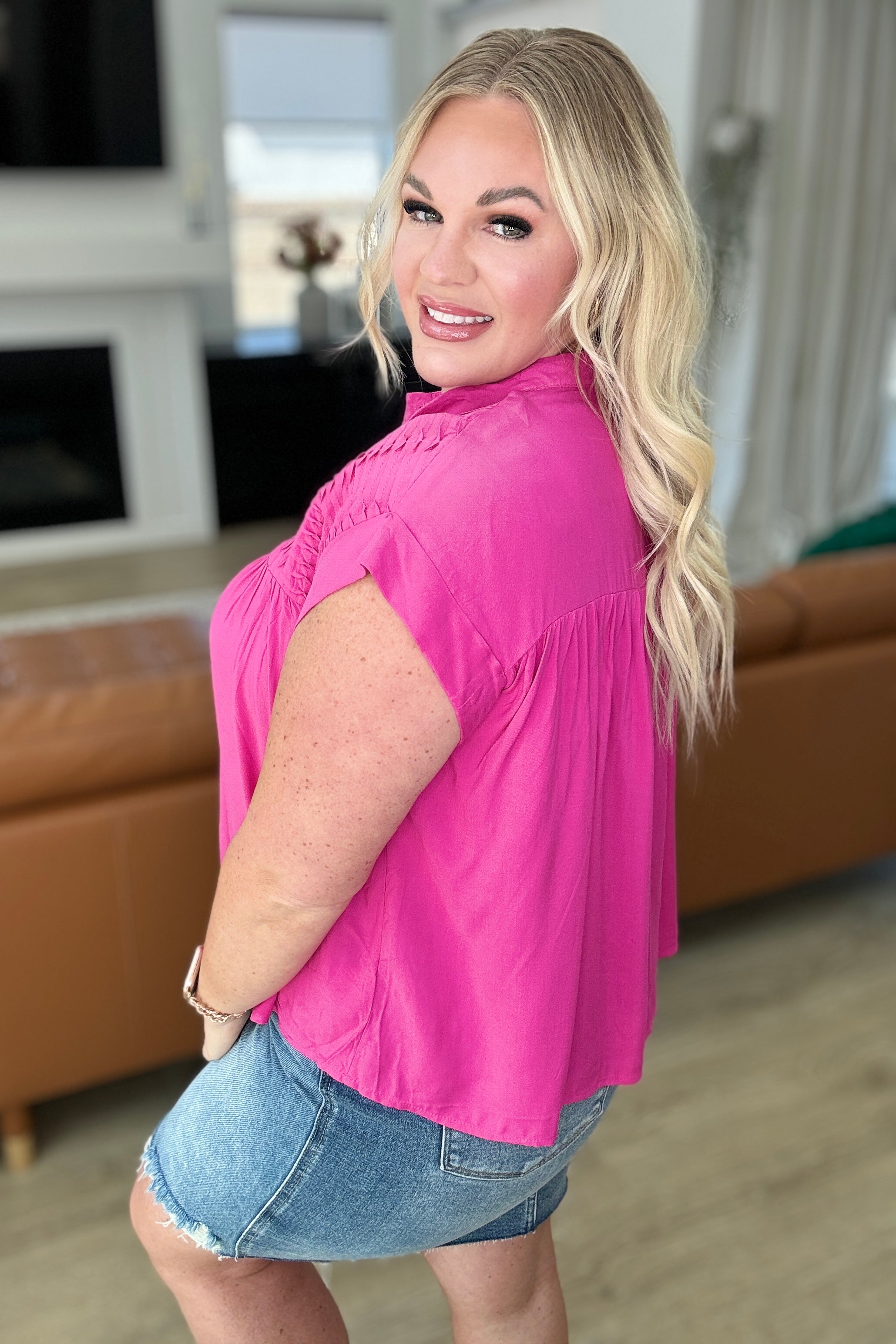 Stylish Hot Pink Pleat Detail Button Up Blouse for Women | Trendy Office & Casual Wear | Perfect for Work, Dates & Special Occasions