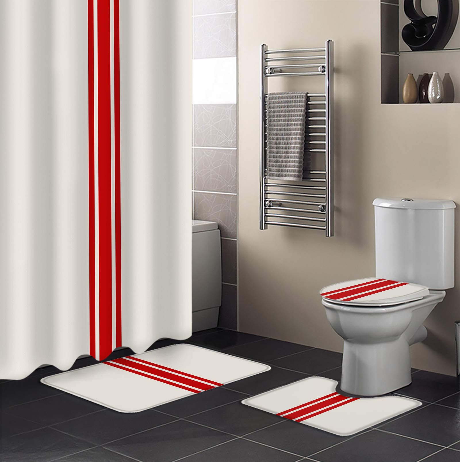 4PCS Non-Slip Bathroom Mat Set - Valentine's Day Red Stripes Decor, Shower Curtain Rugs & Toilet Seat Cover - Soft Absorbent Bath Mats for Bathroom Floor Safety - Perfect for Home, Apartment & Guest Bathroom Decor