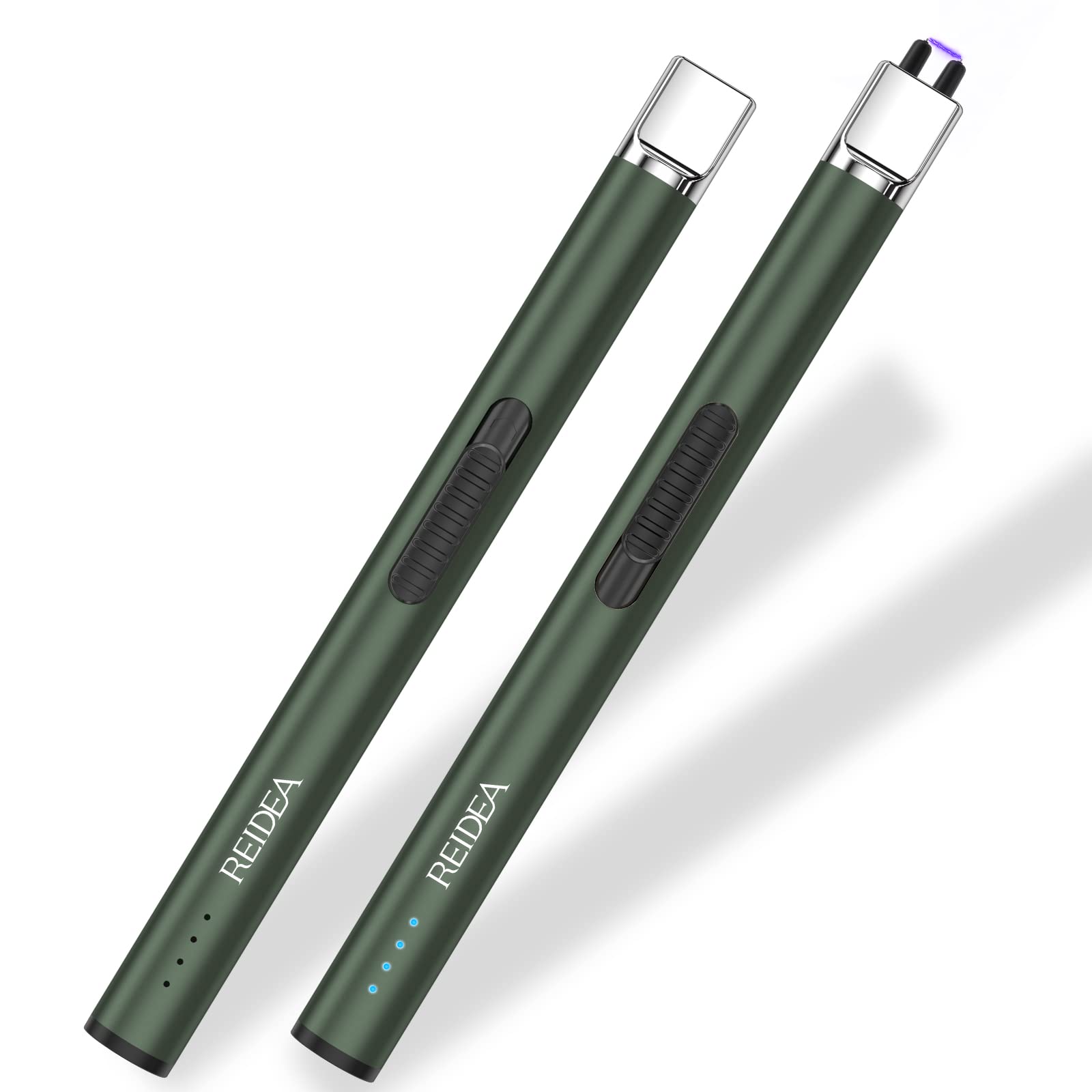REIDEA 2 Pack USB Rechargeable Electric Lighter - Flameless Windproof Arc Plasma Lighter with Safety Lock & LED Battery Indicator for Candles, Camping, BBQ, Fireworks (S4 Pro, Pine Green) | Perfect for Outdoor Activities, Home Use & Emergency Kits
