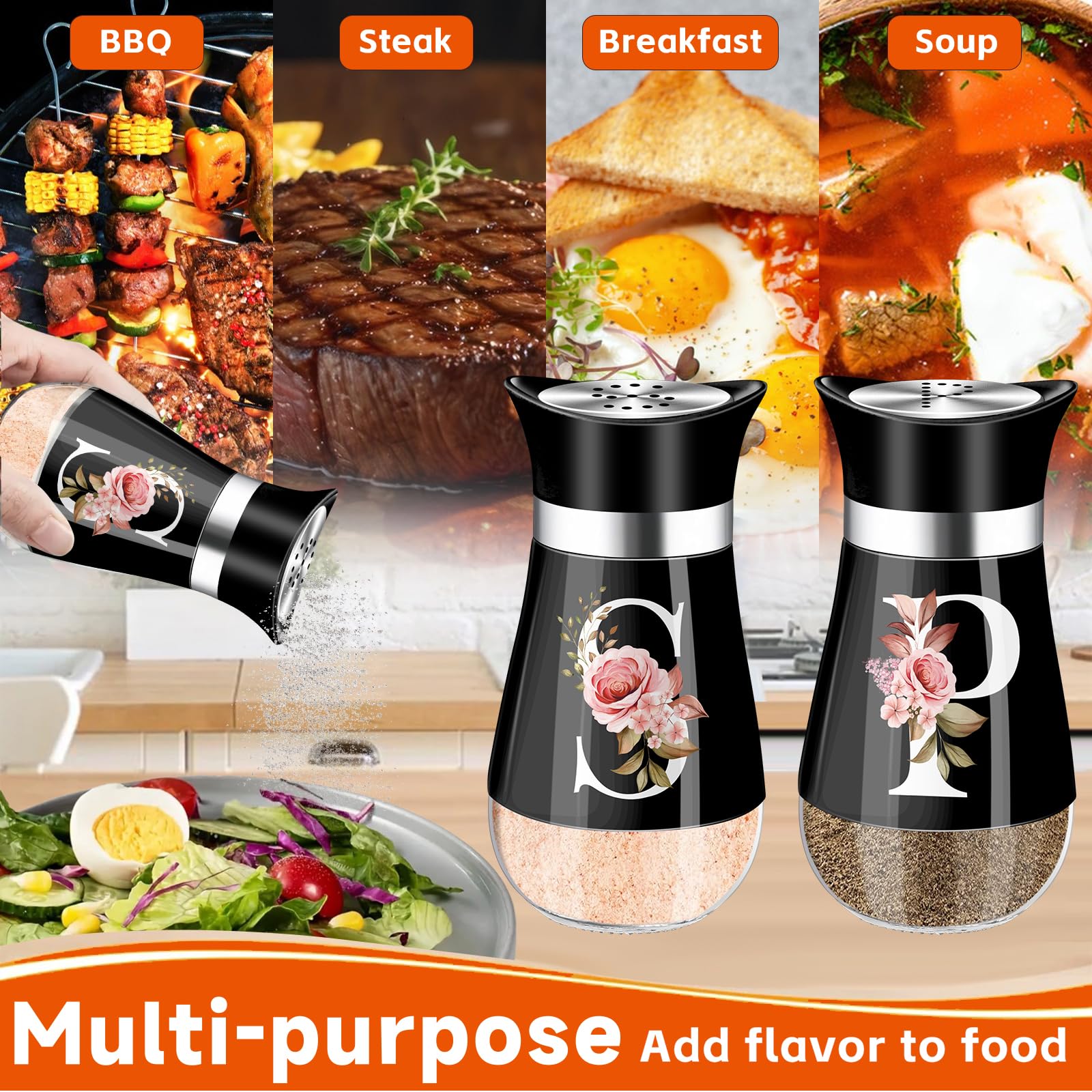 Premium Stainless Steel & Glass Salt and Pepper Shakers Set - 4 oz Refillable Spice Dispenser - Classic Farmhouse Kitchen Decor for Dining Table, Restaurant, or Home Cooking (Black)