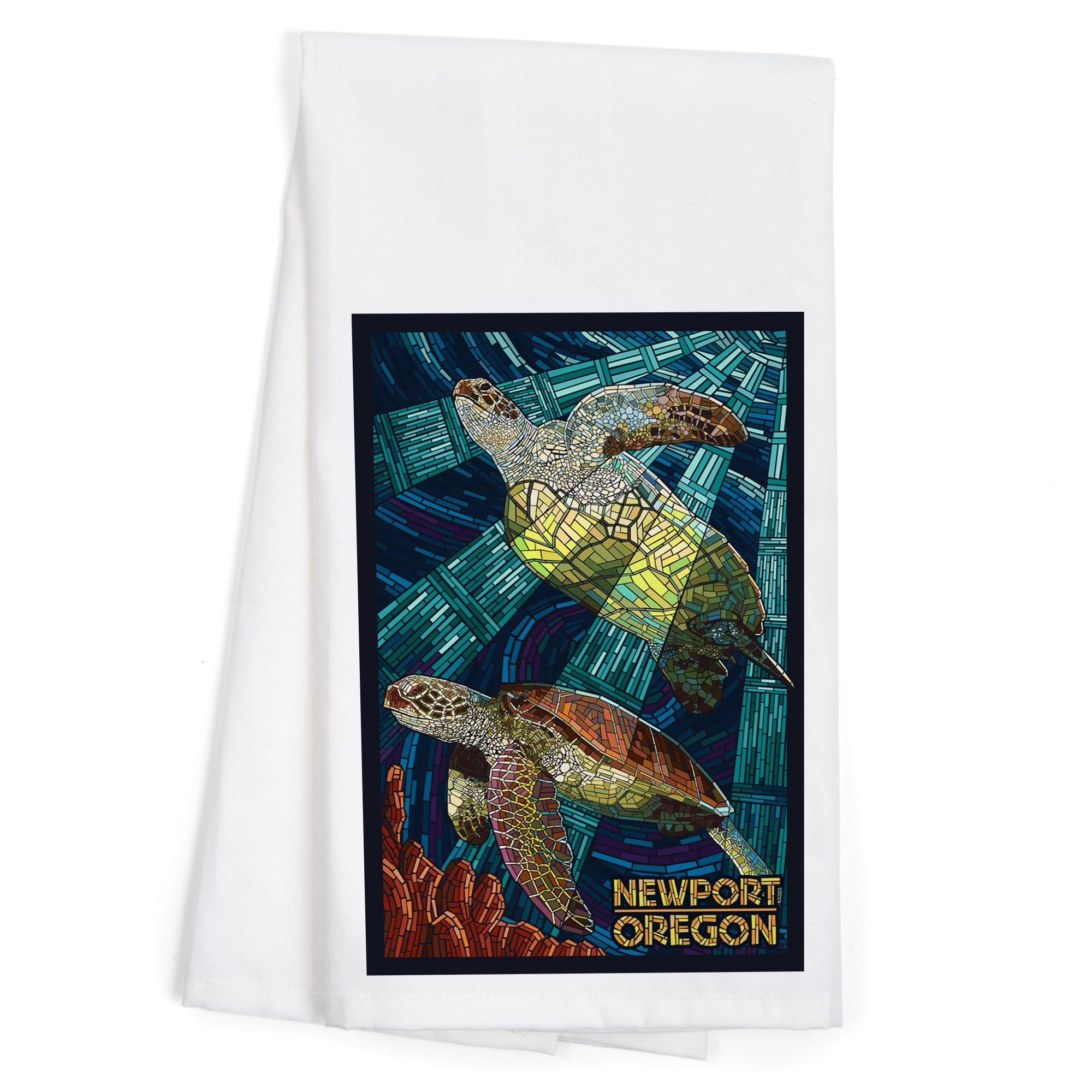 Lantern Press Newport Oregon Sea Turtle Mosaic Tea Towel - 100% Cotton Decorative Hand Towel for Kitchen & Home Decor - Perfect for Gifts, Dish Drying, and Coastal Themed Decor
