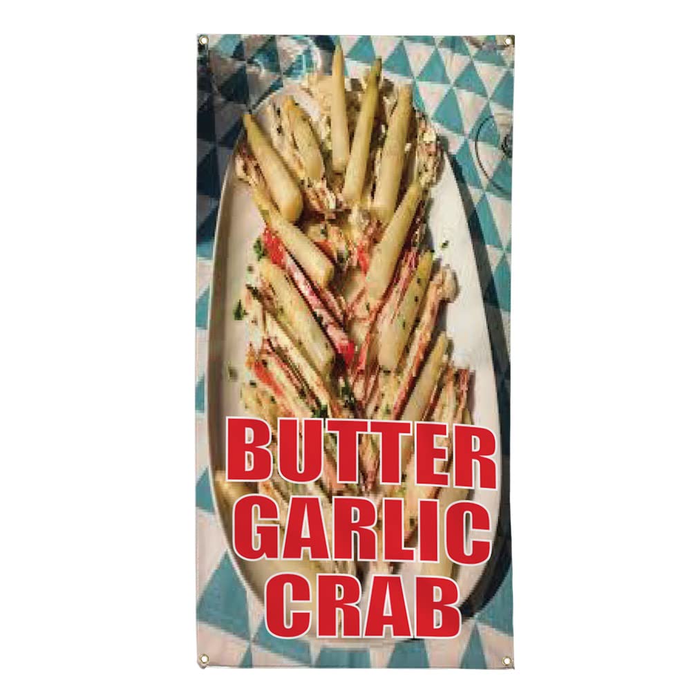 Premium Vertical Vinyl Banner - Weatherproof Outdoor Sign for Restaurants, Cafes & Food Fairs (96x48 Inches, 8 Grommets) - Perfect for Garlic Crab Festivals, Yard Sales & Industrial Events
