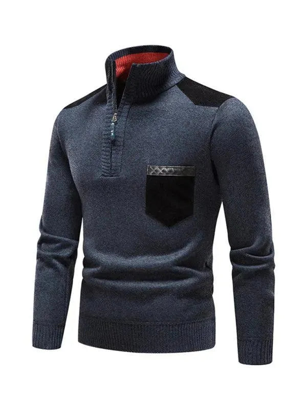 Men's Stand-Up Collar Patchwork Zipper Turtleneck Sweater - Winter Fashion for Casual & Business Wear