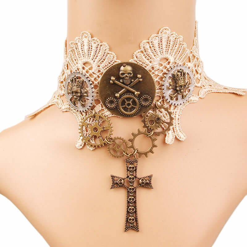 Victorian Gothic Pirate Lace Choker Necklace with Cross Detail - Perfect for Halloween, Cosplay, and Gothic Fashion Accessories