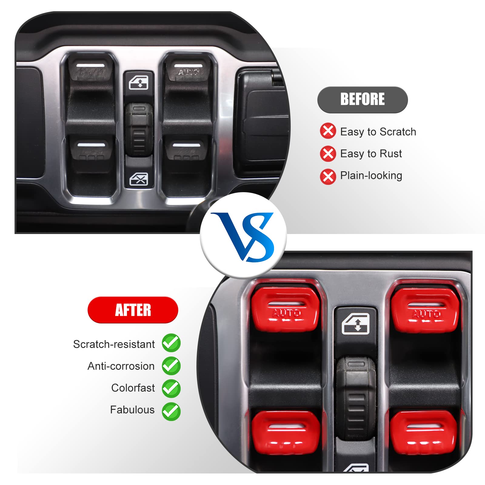 4PCS Red Window Switch Button Cover Trim Interior Accessories for Jeep Wrangler JL JLU Gladiator JT 2018-2024 - Upgrade Your Ride with Stylish Protection (Perfect for Off-Roading & Daily Commute)