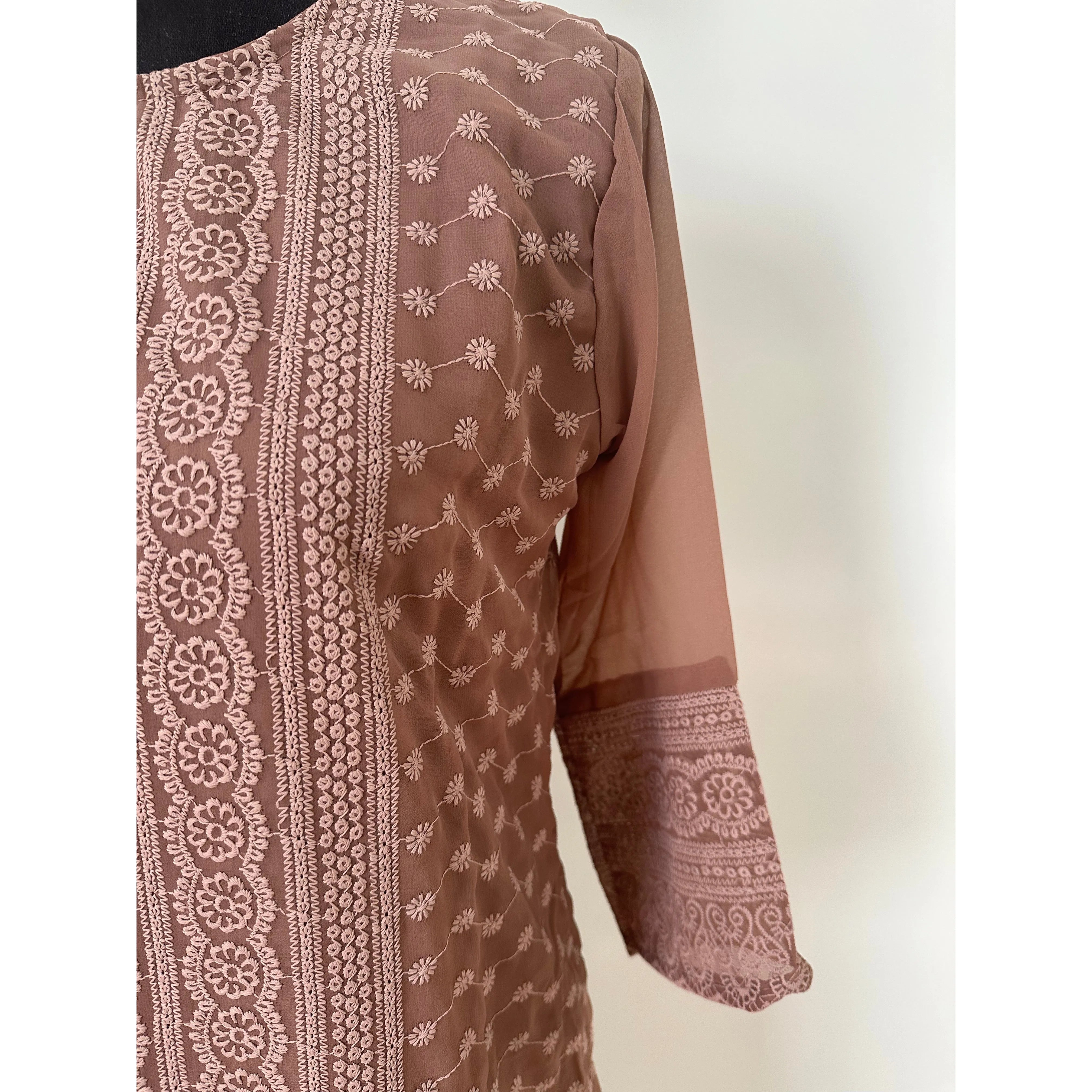 Light Brown Lakhnavi Kurta for Women - Elegant Traditional Indian Tunic - Perfect for Festivals, Weddings & Casual Wear