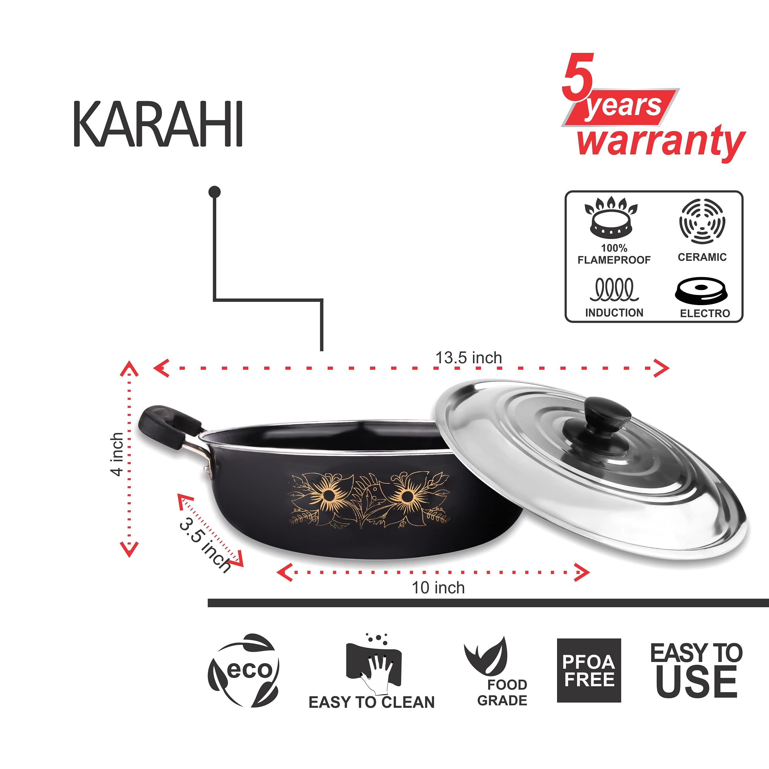 5-Piece Non-Stick Kitchen Cookware Set - Induction Compatible Kadai with Lid, Fry Pan, Tawa, Sauce & Tadka Pan - Ceramic Hard Anodized Cast Iron Utensils for Indian Cooking, Frying & Sauteing - Perfect for Home Chefs & Restaurant Use