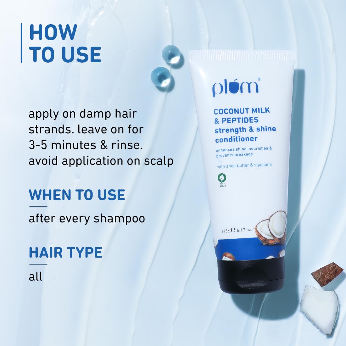 Plum Coconut Milk & Peptides Hair Conditioner - Deep Hydration for Dry, Damaged Hair - Repair & Strengthen Strands - Leaves Hair Soft, Smooth & Silky - Unisex Hair Care (175g) - Perfect for Daily Use, Salon-Quality Results at Home