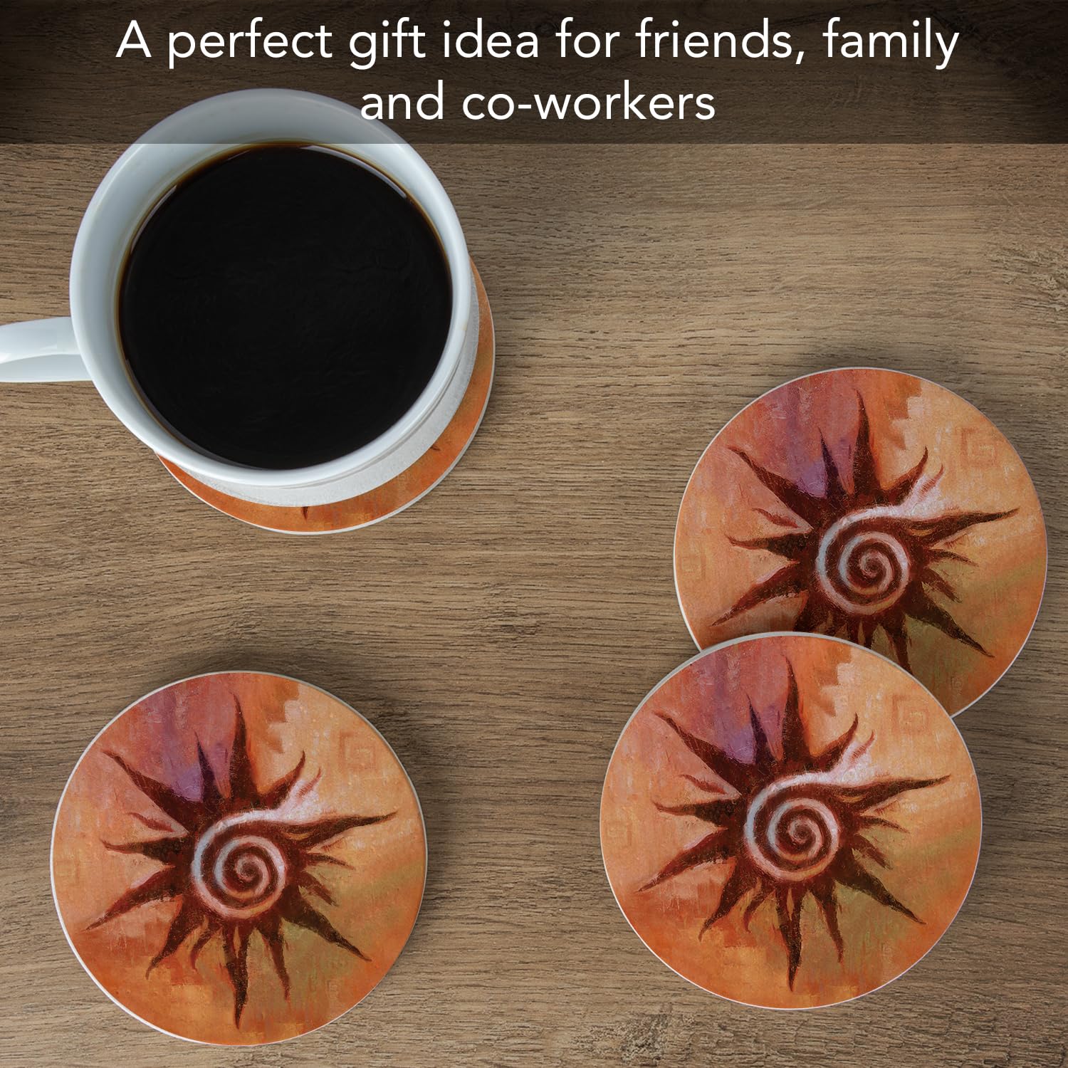Thirstystone Spiral Sun Natural Sandstone Coaster Set of 4 | Eco-Friendly, Absorbent & Easy to Clean Coasters | Perfect for Coffee, Wine & Beverage Protection on Tables