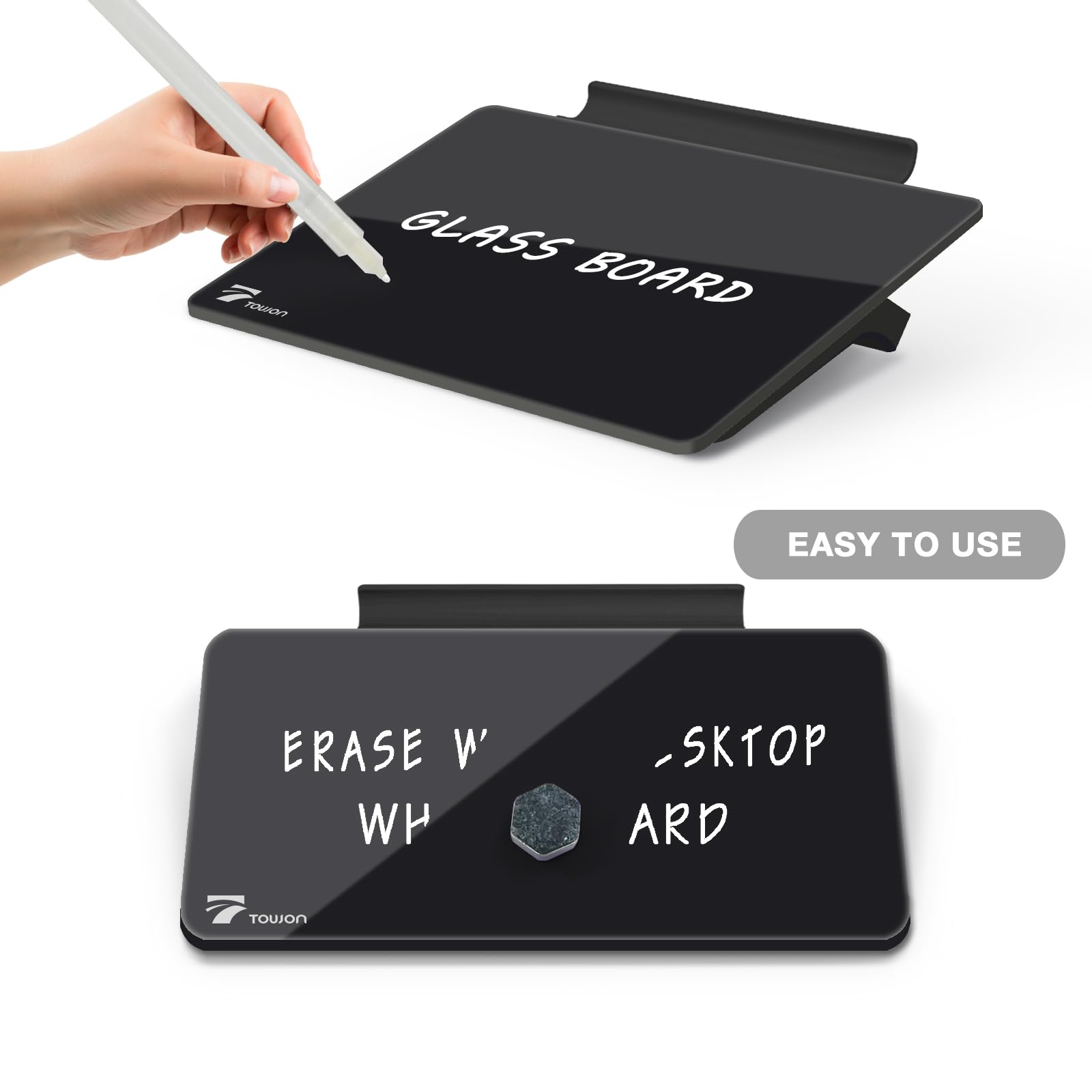 TOWON 8x6 Inches Small Glass Dry Erase Board - Portable Standing Desk Whiteboard with Mini Easel Pad Set - Perfect for Office, Home & School Use - Black (Ideal for Meetings, Notes, Planning & Creative Work)
