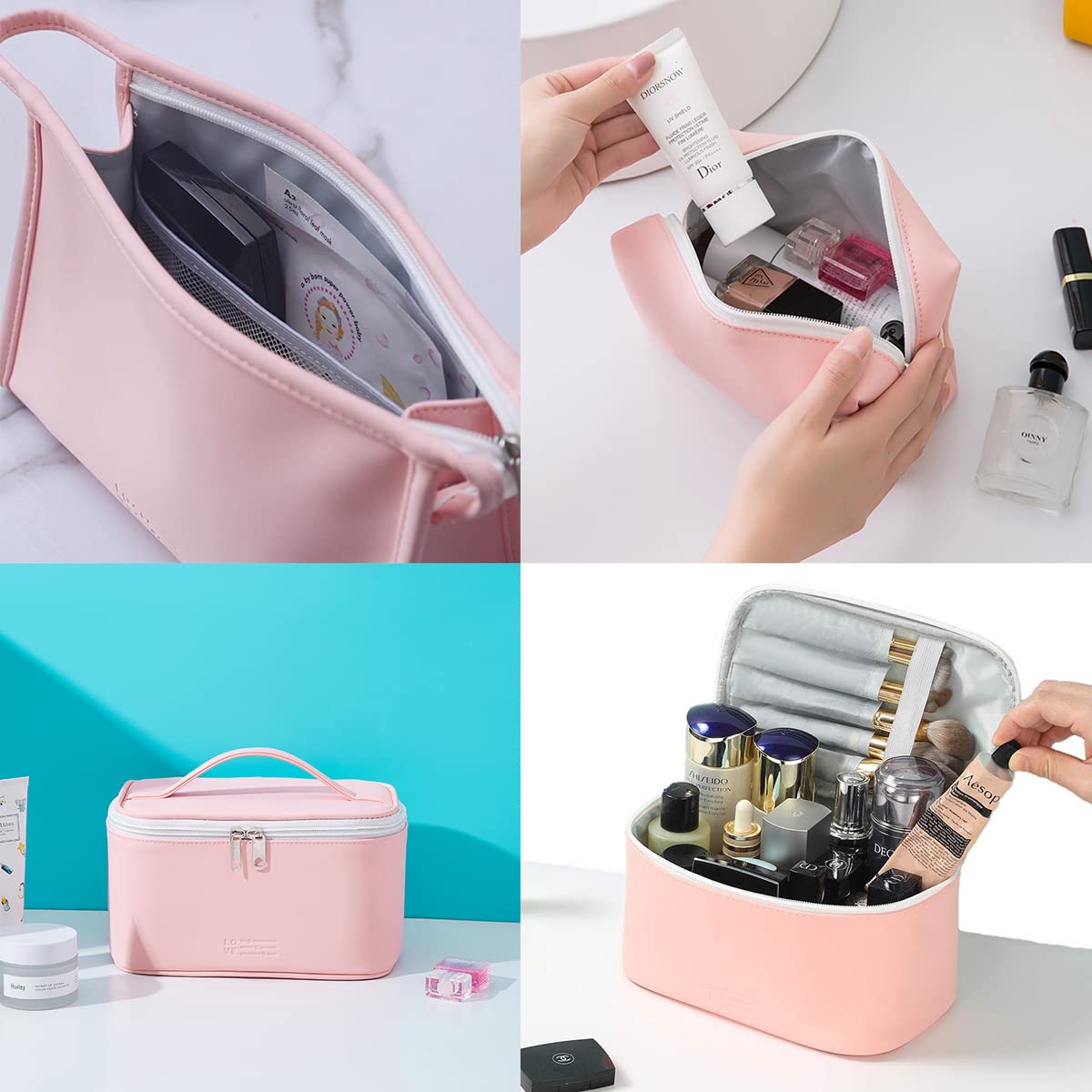 FITINI 3 Pack Waterproof Makeup Bags for Travel - Large Cosmetic Organizer with Brush Holder, Portable Toiletry Pouch Set for Women & Girls (Light Pink) | Perfect for Vacation, Gym & Daily Essentials Storage