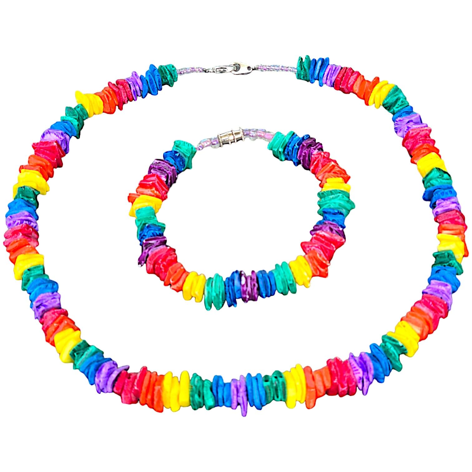 BlueRica Puka Shell Chips Necklace and Anklet Set - Natural Beach Shell Jewelry for Women, Boho Style Layered Necklace and Ankle Bracelet (Multi Color) - Perfect for Summer Vacation, Beach Party and Boho Fashion Accessories