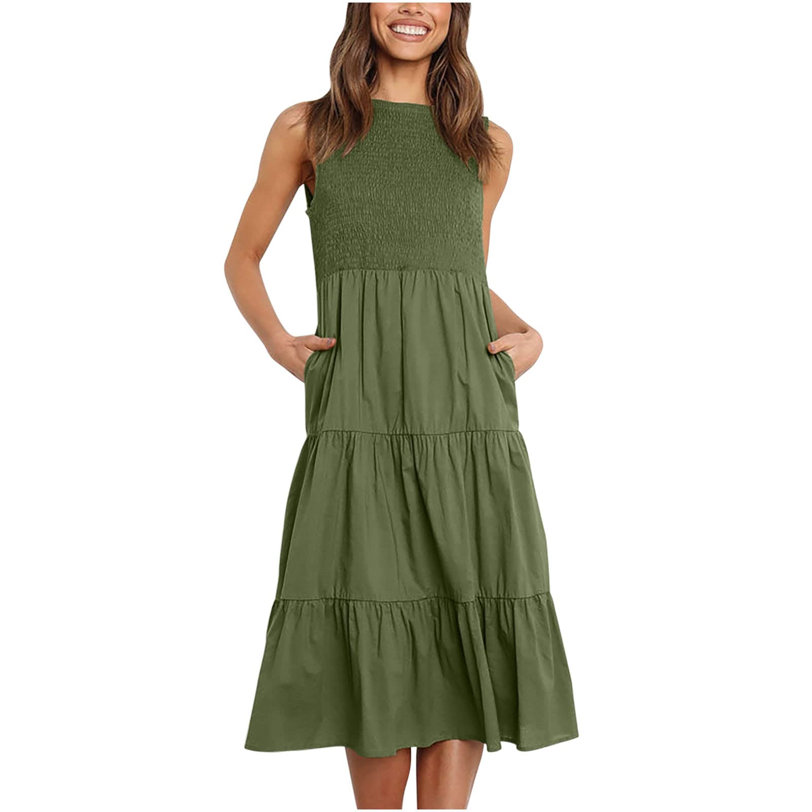 NaRHbrg Women's Boho Printed Tiered Halter Neck Smocked Midi Dress with Ruffle Sleeveless Design & Pockets - Perfect for Summer Beach Vacations, Outdoor Parties, and Casual Sundress Wear
