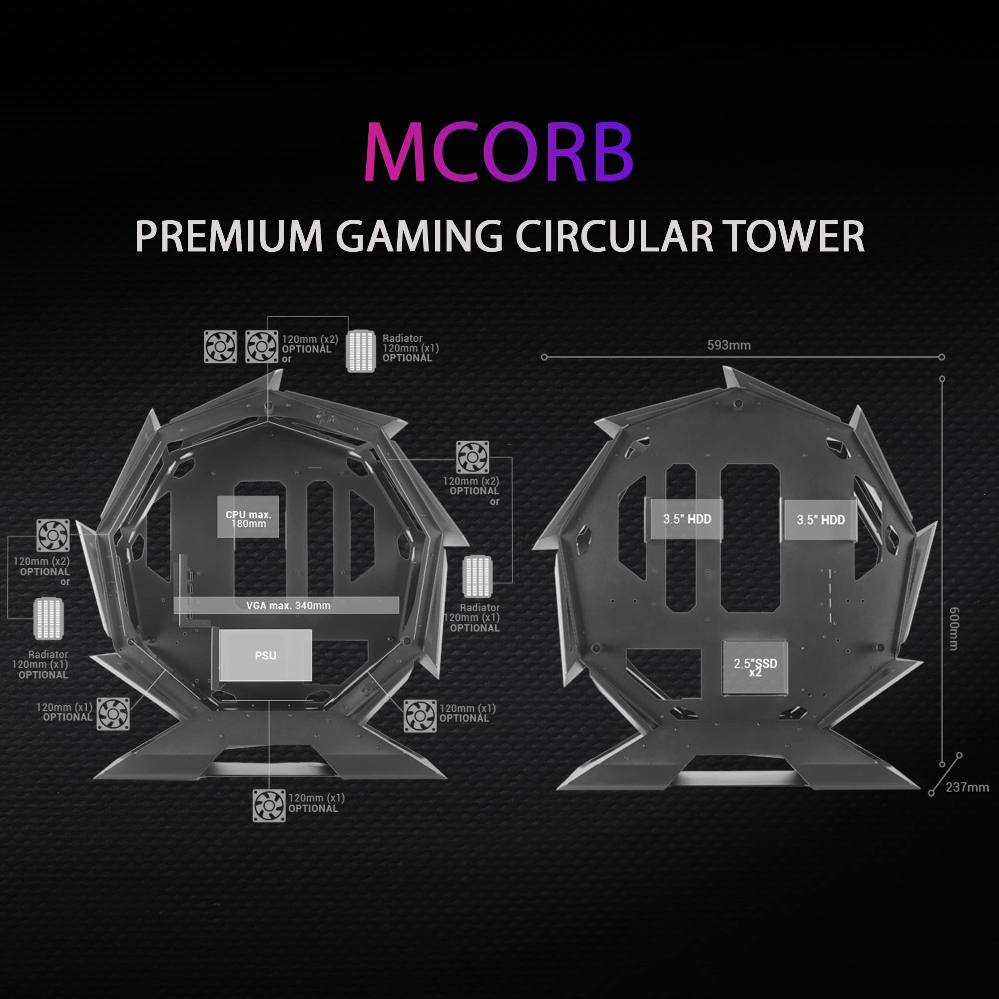 Mars Gaming MCORB Red Micro-ATX XL Gaming PC Case - Custom Circular Design with Tempered Double Glass Panels for Enhanced Cooling & RGB Lighting | Perfect for Compact Gaming Setups, Streaming Battlestations & Custom PC Builds