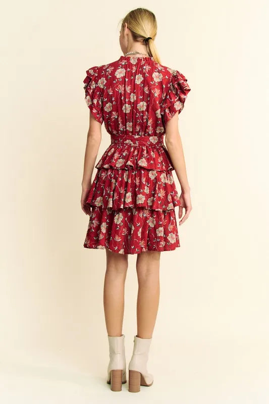 Red Floral Print Tie Waist Tiered Mini Dress for Women - Perfect for Summer Parties, Date Nights & Beach Vacations