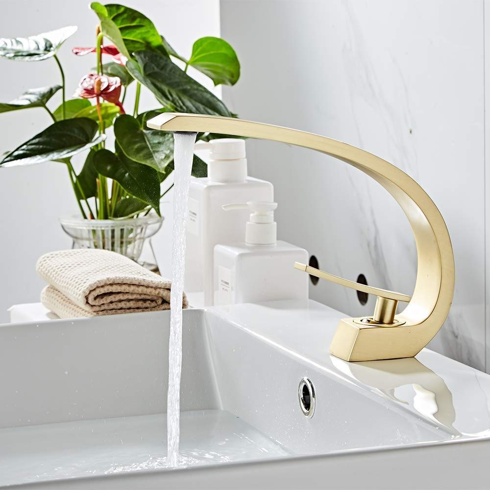 Brushed Gold Single Handle Waterfall Bathroom Sink Faucet - Modern Basin Mixer Tap with Elegant Design for Bathroom Vanity, Washbasin, and Powder Room (Perfect for Contemporary Home Decor)