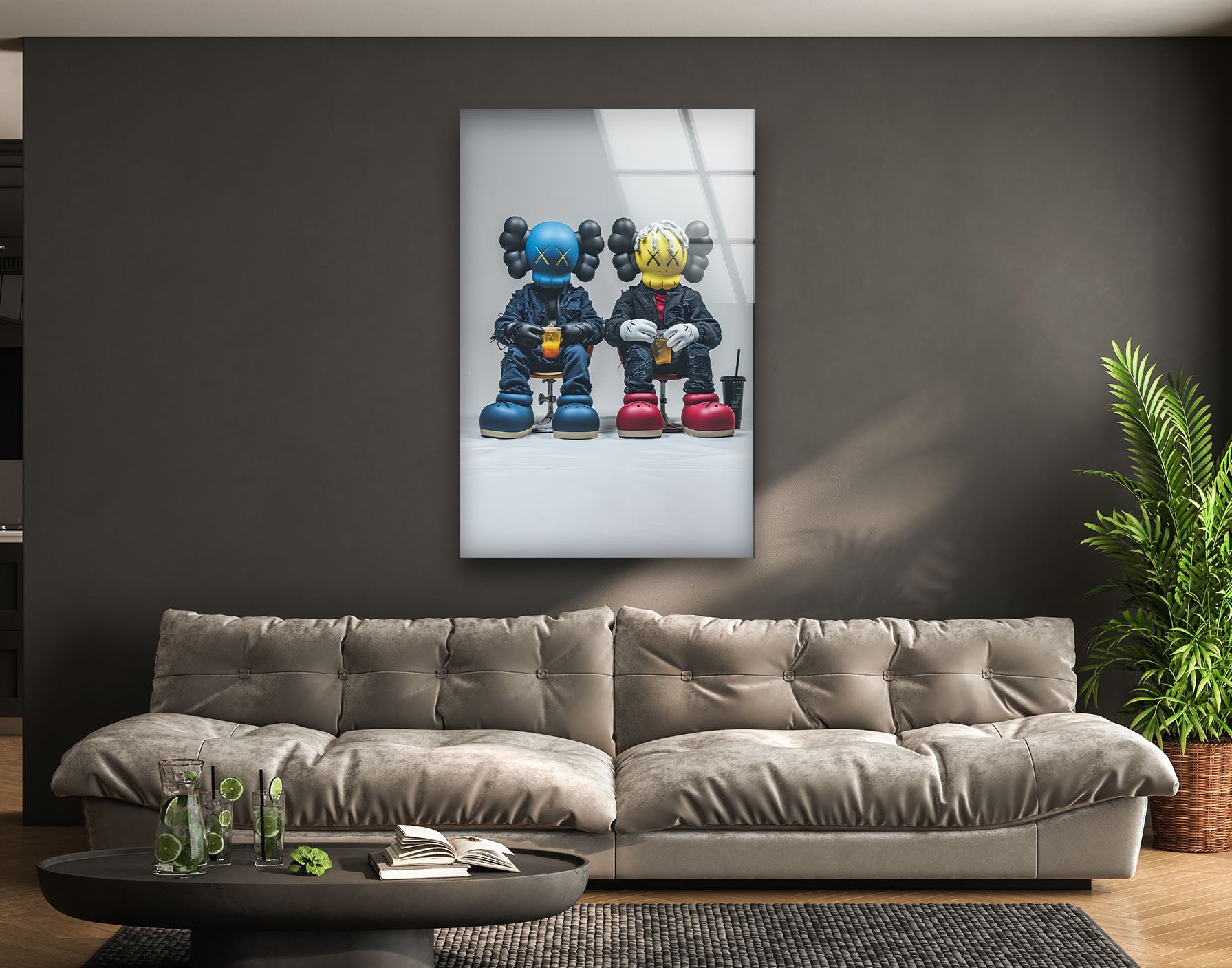 Blue & Yellow KAWS Wall Art Glass Decor - Modern Home & Office Decor for Living Room, Bedroom, or Gift