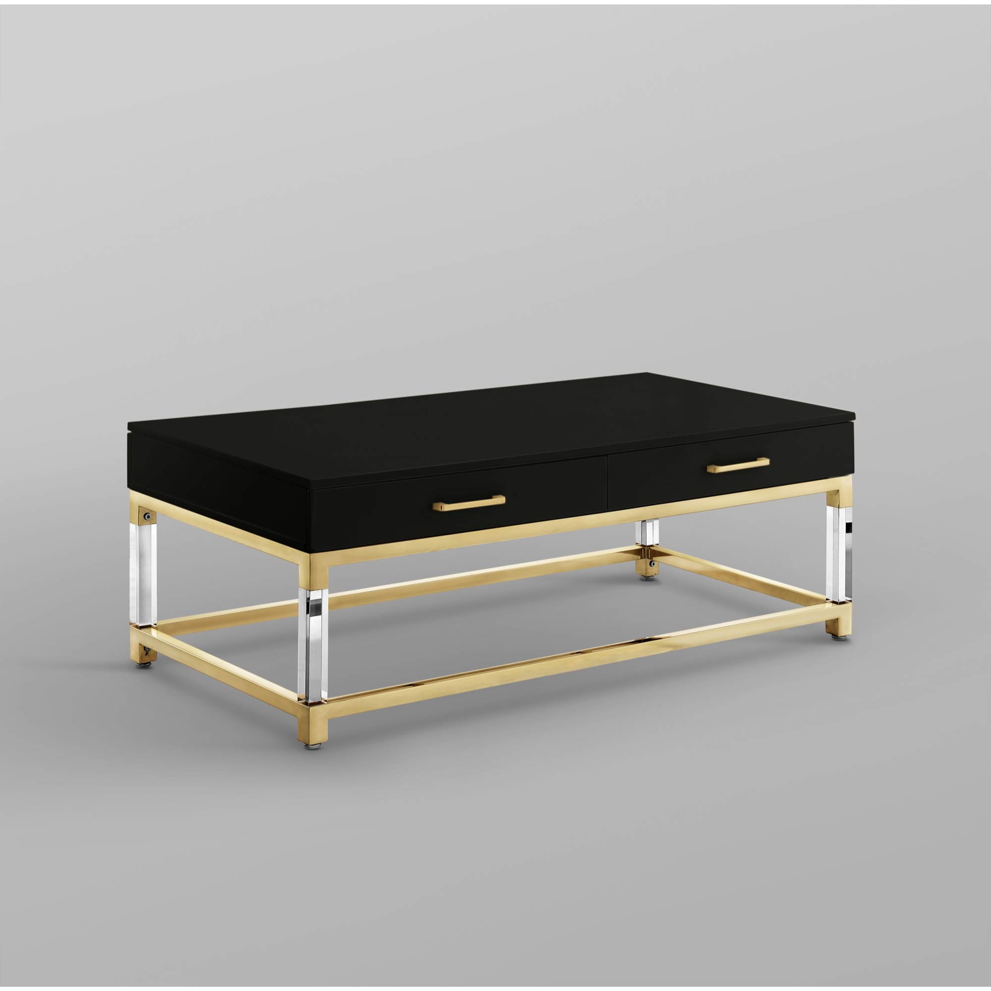 Casandra High Gloss 2-Drawer Coffee Table with Acrylic Legs & Gold Stainless Steel Base - Modern Black/Gold End Table for Living Room, Lounge, or Office Decor