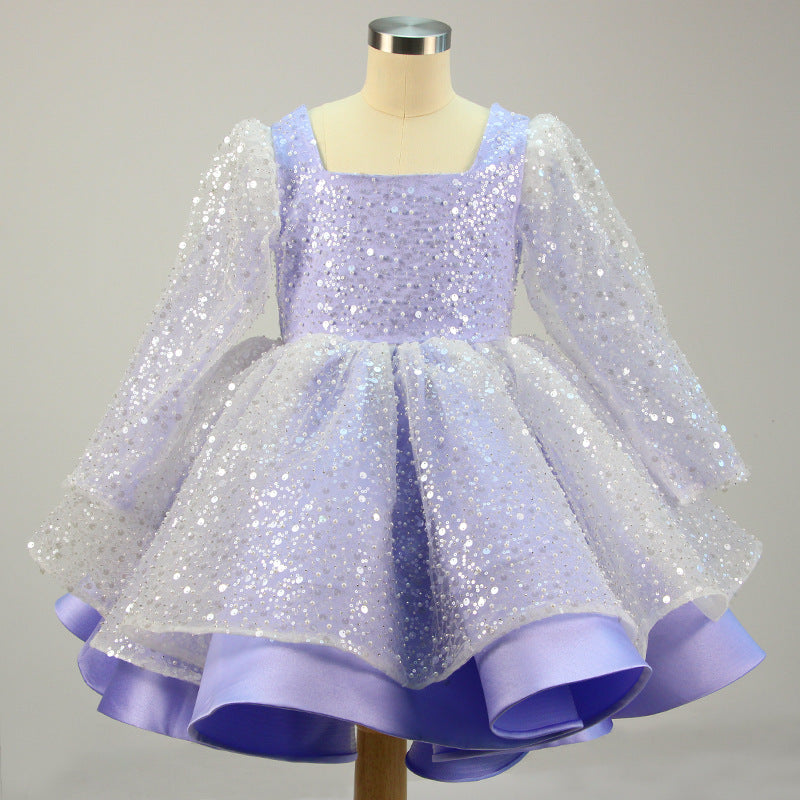 Sparkly Sequin Princess Flower Girl Dress for Weddings | Square Neck Lantern Sleeve Formal Gown - Perfect for Flower Girls, Pageants, and Special Occasions