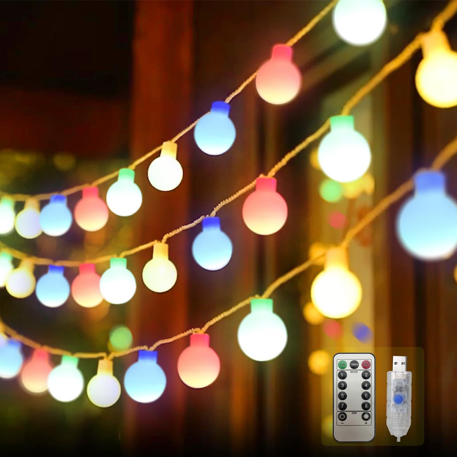 50 LED USB Globe String Lights - 23 FT Waterproof Fairy Lights with Remote & Timer, 8 Lighting Modes for Indoor Outdoor Bedroom Garden Patio Wedding Christmas Party Decorations (Multicolor) - Perfect for Creating Cozy Ambiance and Festive Atmosphere