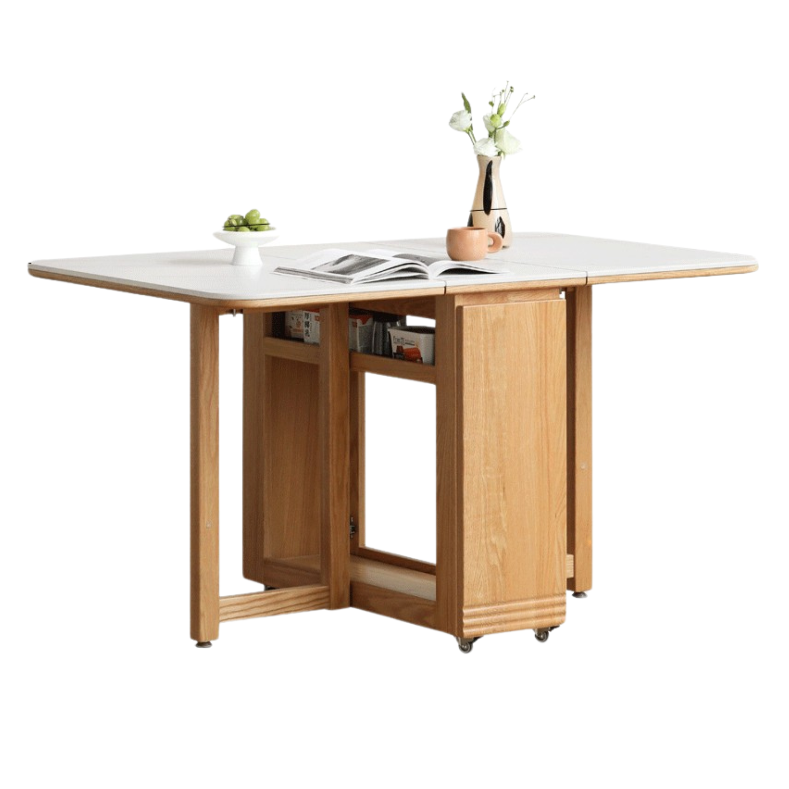 Solid Oak Wood Modern Rock Slab Folding Dining Table - Extendable Space-Saving Design for Small Apartments, Kitchens & Outdoor Dining