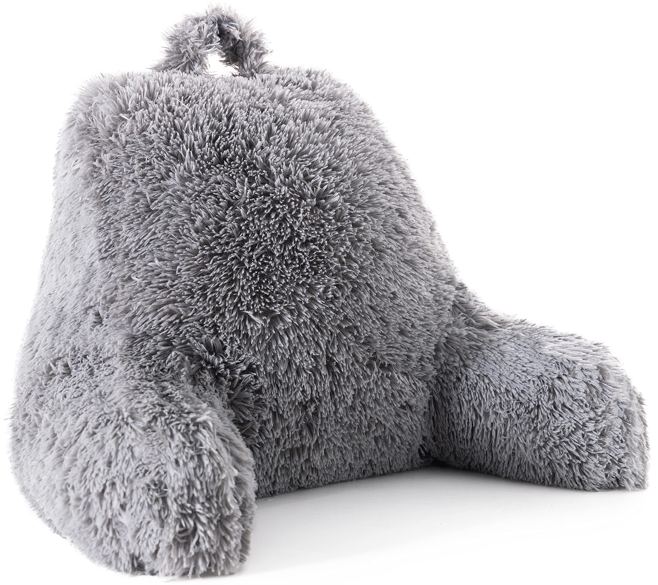 Fluffy Reading Pillow with Armrest - Long Shaggy Hair Support for Reading, TV & Gaming - Silver Gray Cozy Comfort for Bed, Sofa & Floor Lounging