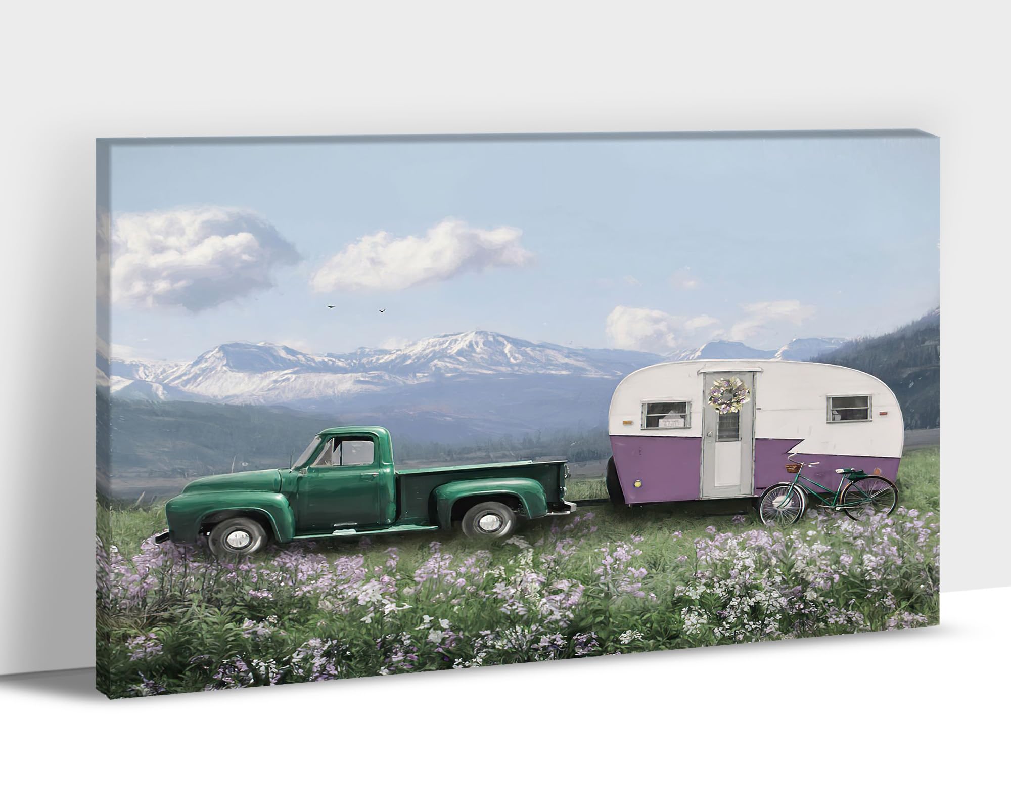 Vintage Farmhouse Truck Wall Art - Retro Green Pickup Truck & Mountain Canvas Painting - Rustic Country Home Decor - 32x48 Inches Wall Art for Living Room, Bedroom, Office & Country Style Interior Design