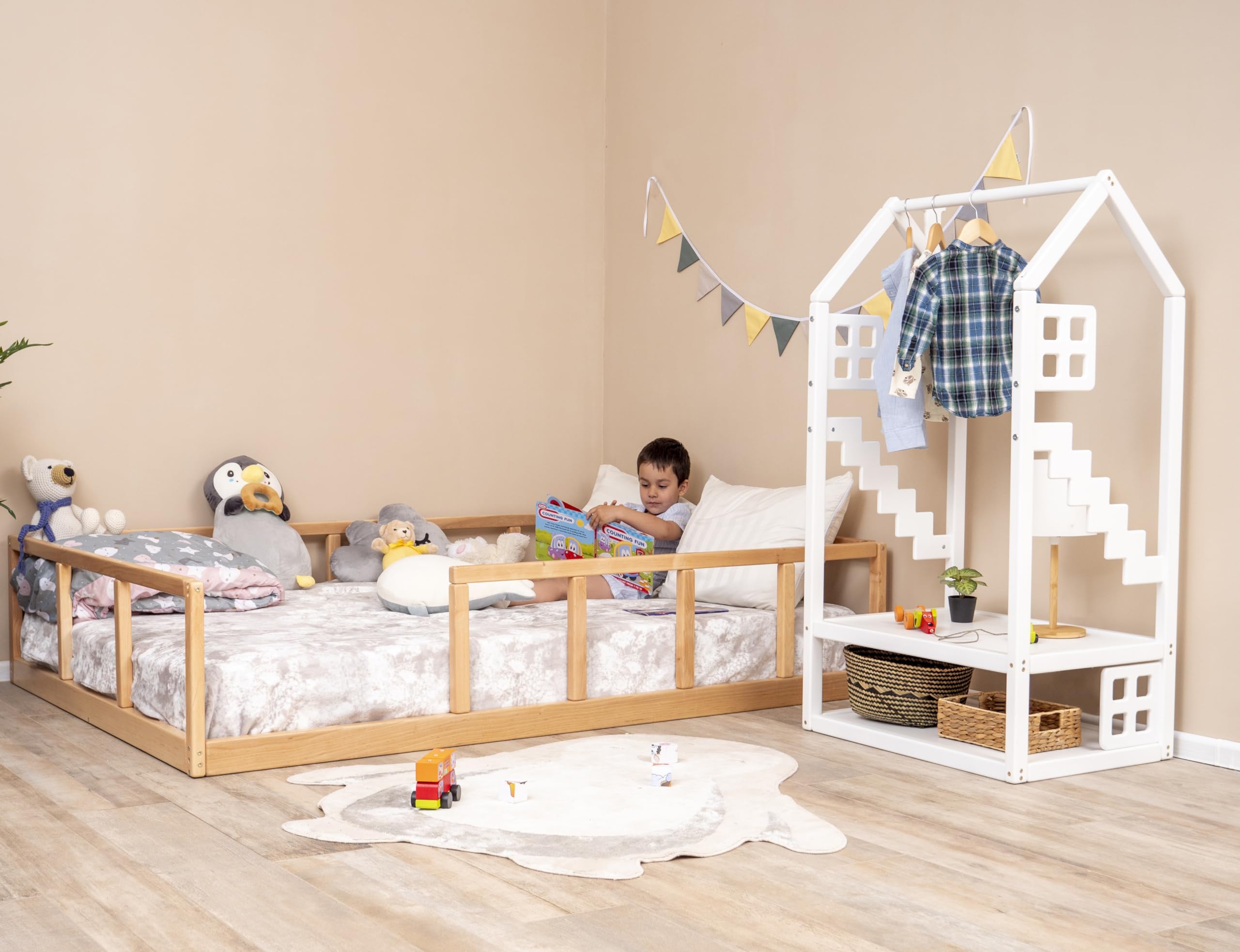 Montessori Toddler Floor Bed Twin - Scandinavian Wooden Bed Frame with Safety Rails for Kids - Low Platform Bed for Toddlers - Safe & Stylish Nursery Furniture for Montessori Bedrooms (Model 10) - Perfect for Daytime Naps & Independent Sleep Training