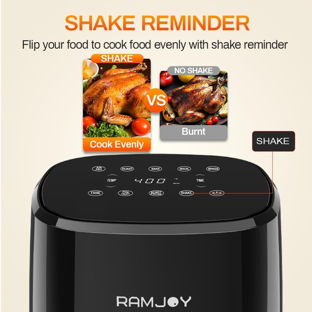 3.8QT Digital Air Fryer for 1-2 People - 8-in-1 Functions (Air Fry, Roast, Bake, Broil) with Preheat & Shake Reminder, Nonstick Dishwasher-Safe Basket - Compact Black Air Fryer for Healthy Cooking, Small Kitchen & Apartment Living