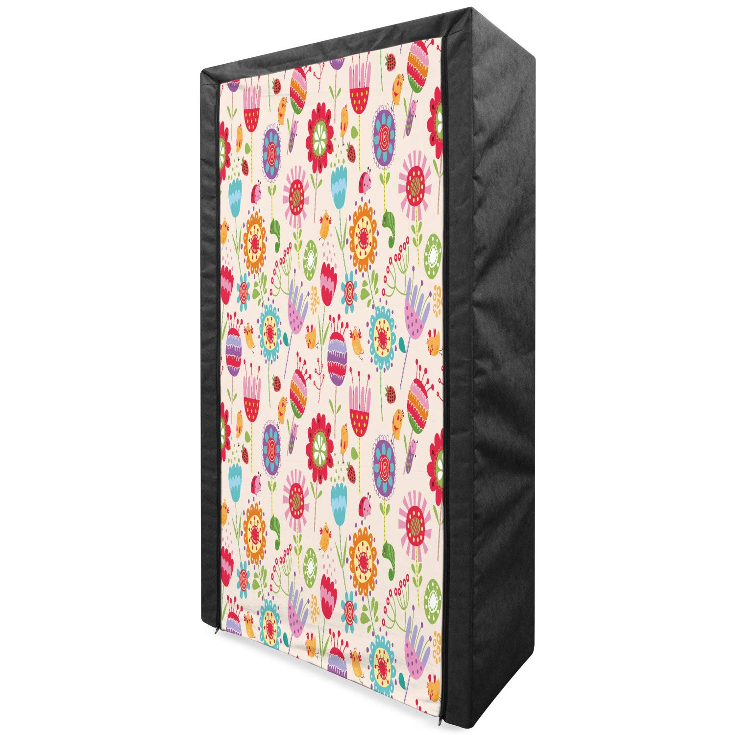 Ambesonne Floral Portable Fabric Wardrobe with Shelves - Cartoon Ladybug Strawberry Bird Caterpillar Design - 33.5