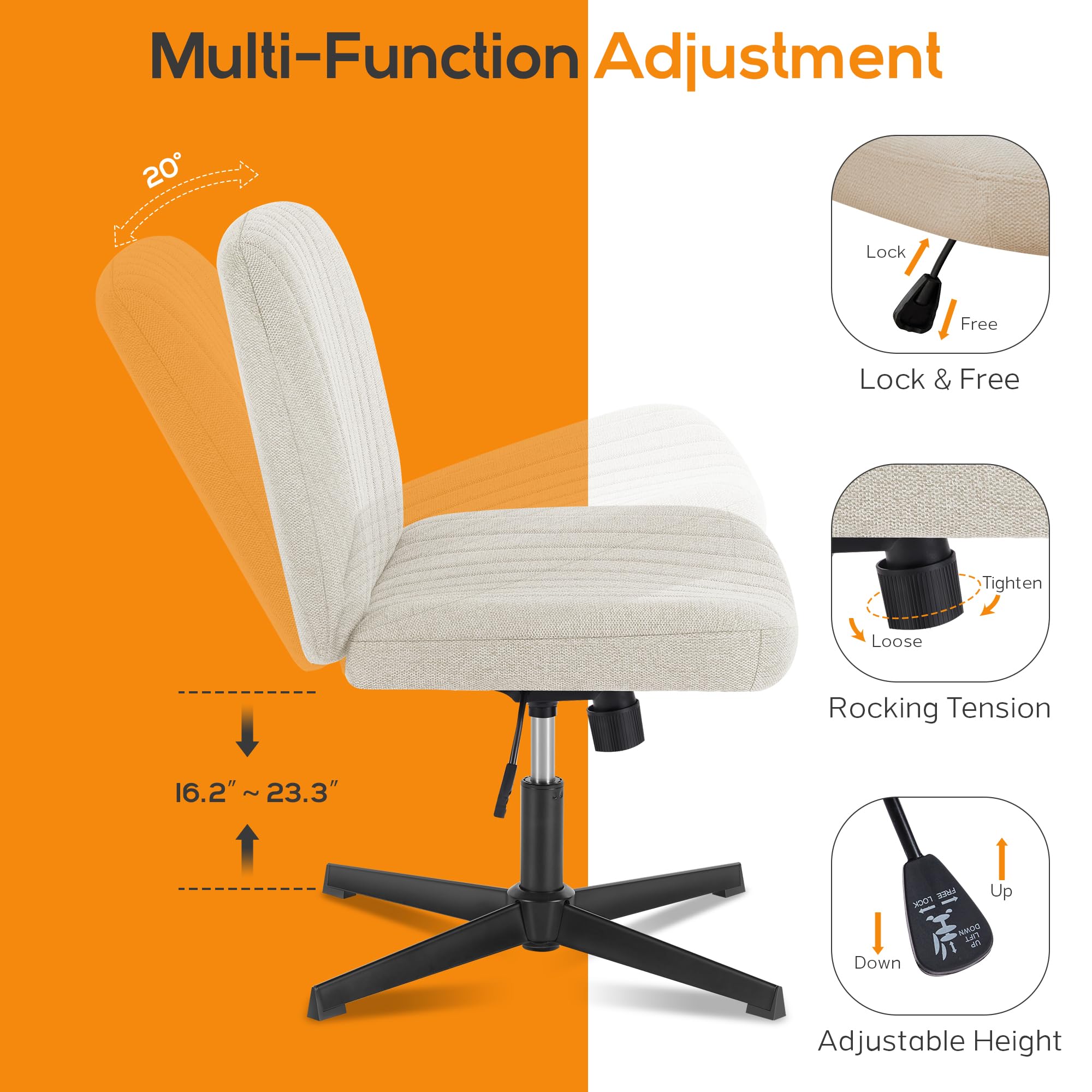 DUMOS Criss Cross Chair - Armless Office Desk Chair with Adjustable Height, No Wheels, Comfortable Task Seating for Home & Office - Perfect for Computer Work, Vanity Desk, and Study Areas