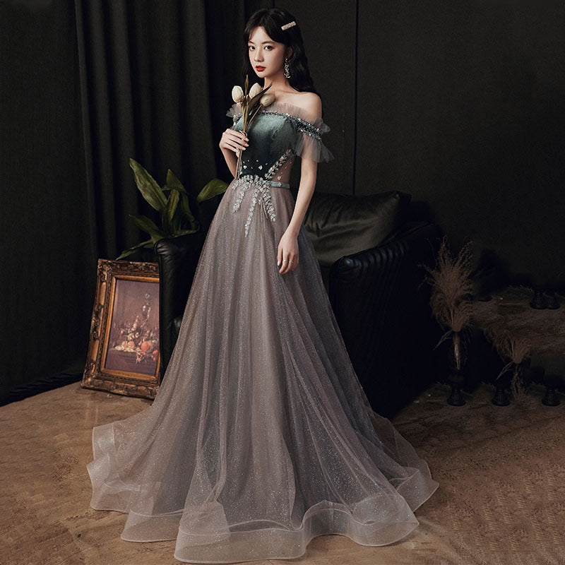 Elegant Off Shoulder Dark Green Velvet Prom Dress with Shiny Tulle Skirt - A-Line Evening Gown for Homecoming, Wedding Guest & Formal Events (Style 708)