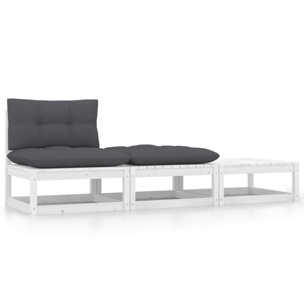 3 Piece White Solid Wood Pine Patio Lounge Set with Cushions - Outdoor Garden Furniture for Backyard, Poolside & Deck Relaxation