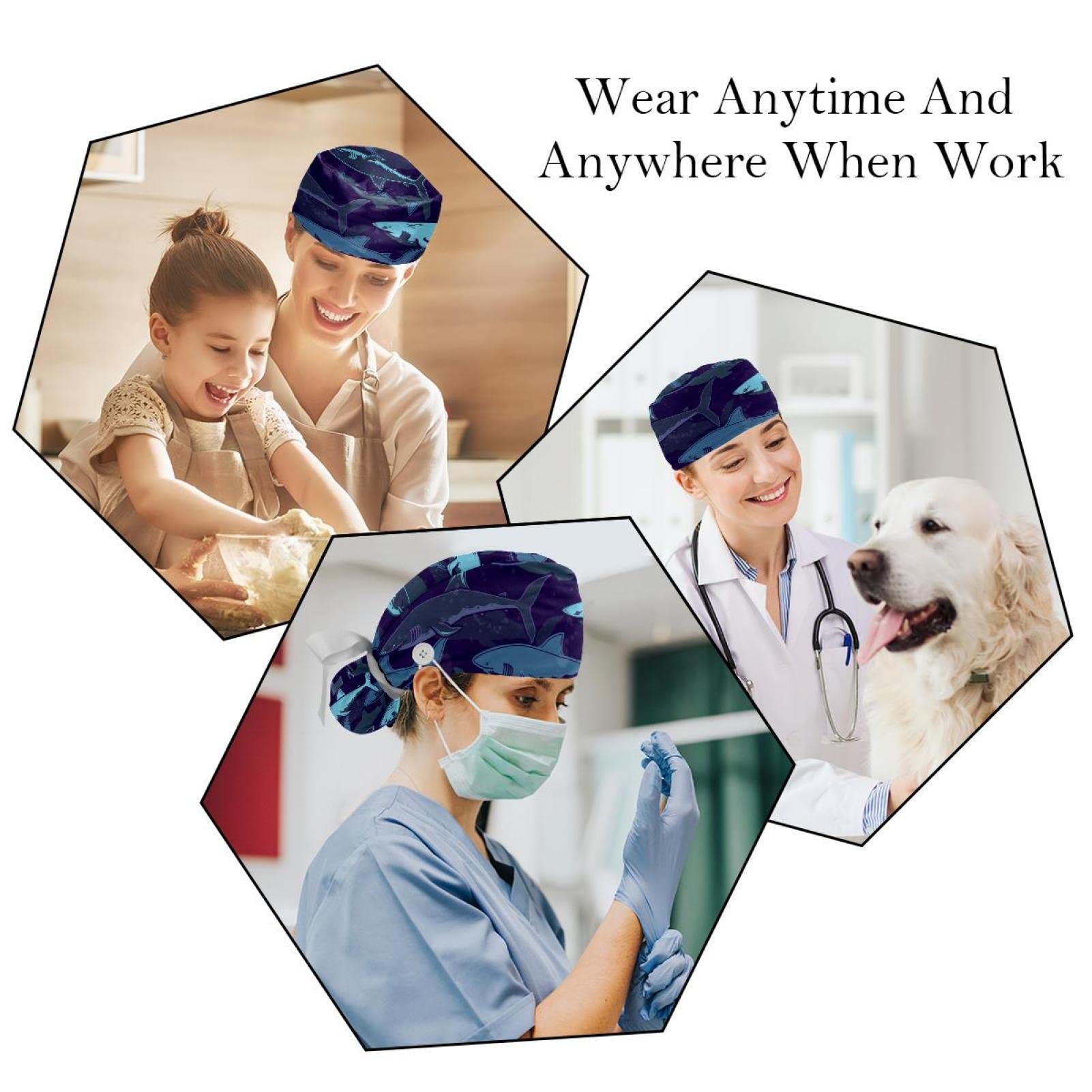 Cute Sea Mermaid Scrub Hats for Women & Men - 2 Pack Long Hair Working Caps with Button & Sweatband, Unisex Tie Back Surgical Hats for Nurses, Doctors, Chefs & Healthcare Professionals - Perfect for Hospitals, Kitchens & Medical Work