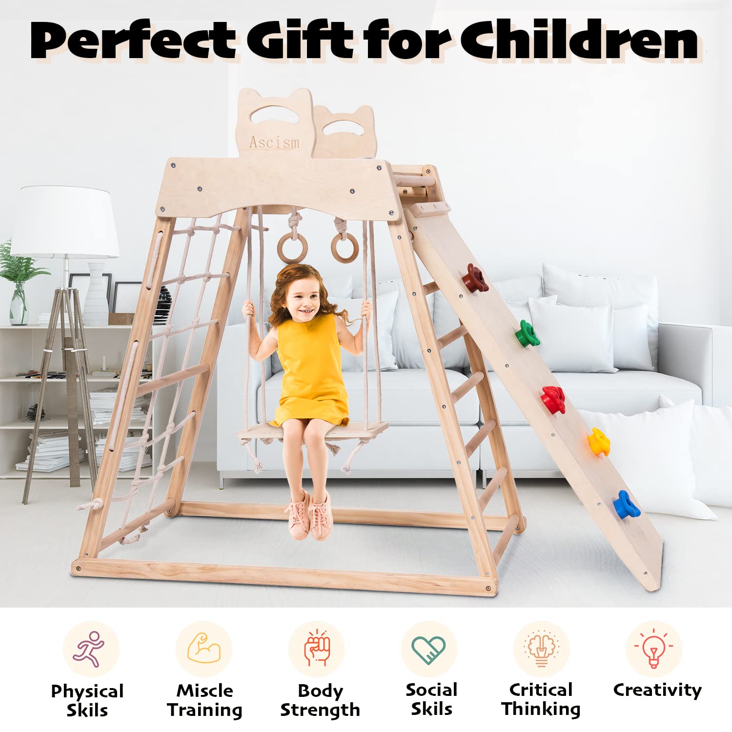8-in-1 Wooden Jungle Gym Indoor Playground Set for Toddlers - Montessori Climbing Toys with Slide, Swing, Climbing Net, Tent & Gymnastics Rings - Perfect for Home Playrooms, Daycares & Indoor Active Play
