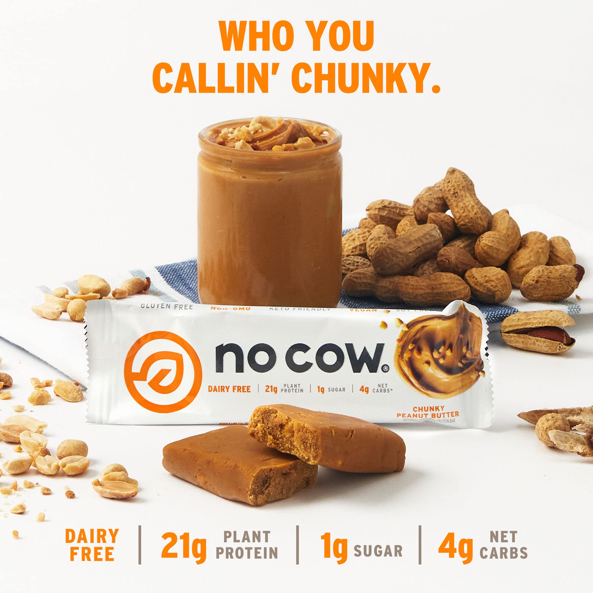 No Cow High Protein Bars, Chunky Peanut Butter - 20g Vegan Protein, Low Sugar, Keto, Dairy & Gluten Free, High Fiber Healthy Snacks (12 Count) | Perfect for Workout Recovery, On-the-Go Nutrition & Weight Management