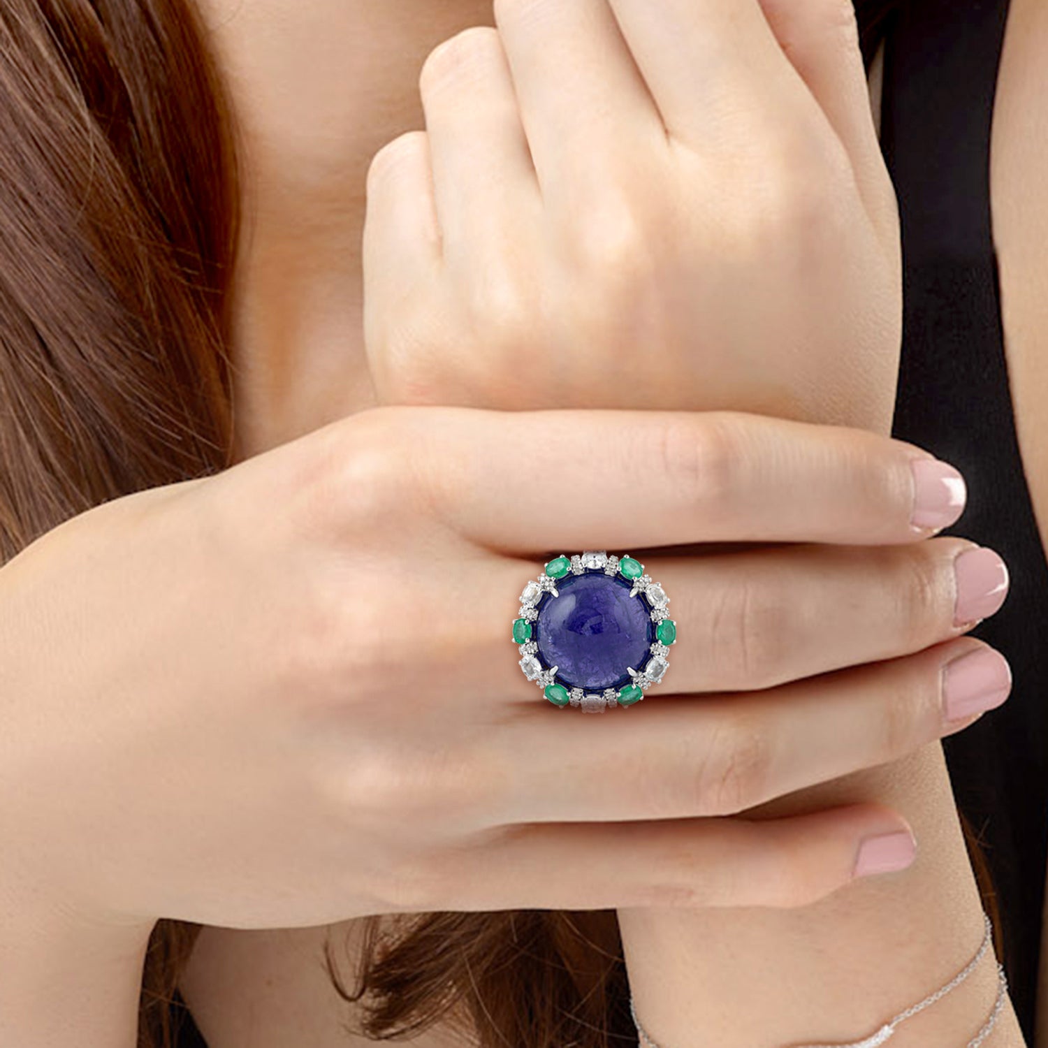 Blue Sapphire & Tanzanite Round Emerald Pave Diamond Cocktail Ring in 14K White Gold | Elegant Wedding, Anniversary & Evening Party Jewelry Gift for Women