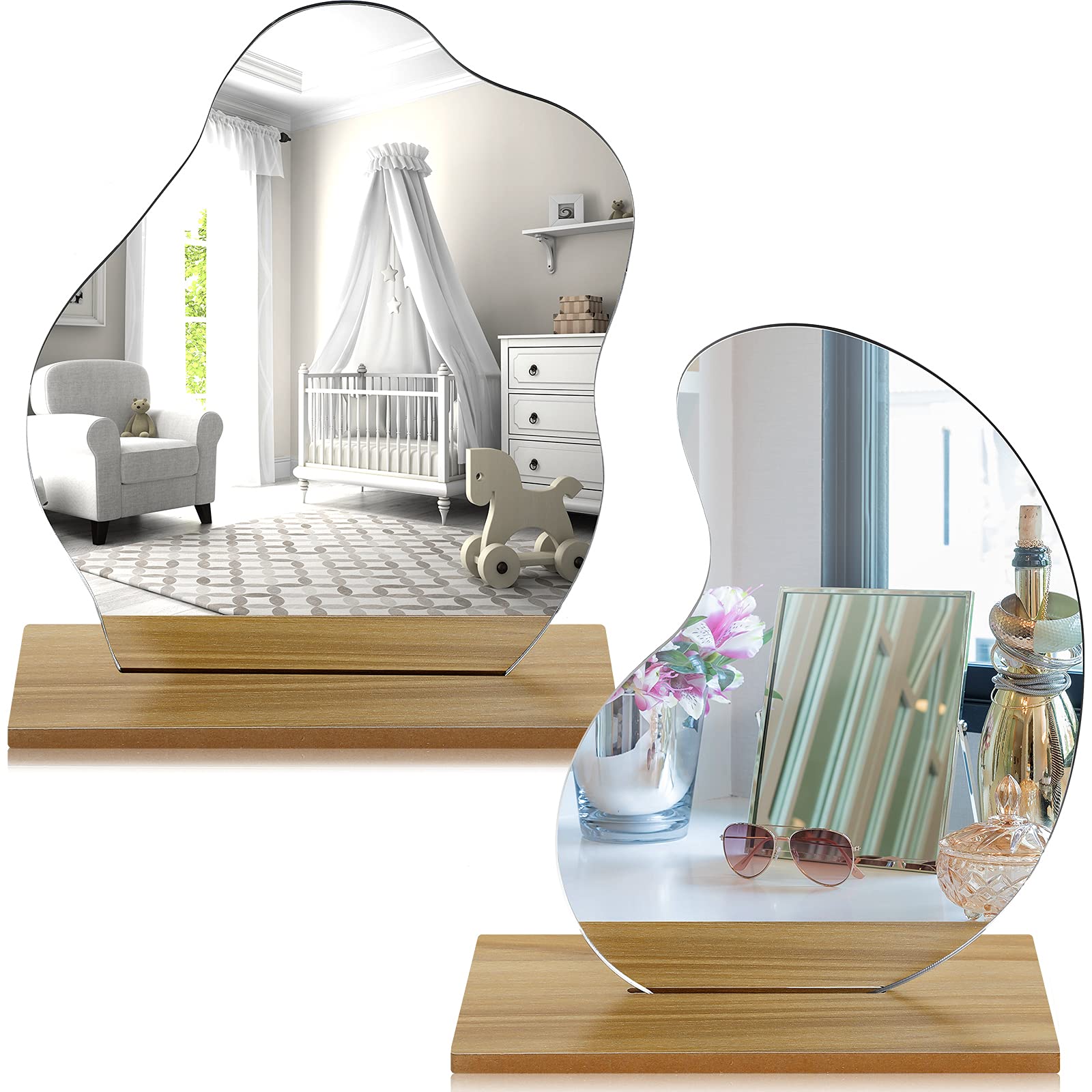 Blulu 2 Pack Acrylic Makeup Mirror with Wooden Stand - Frameless Asymmetrical Cloud Wavy Design for Vanity, Bedroom & Living Room Decor | Minimalist Aesthetic Mirror for Dressing Table, Bathroom & Gift Giving
