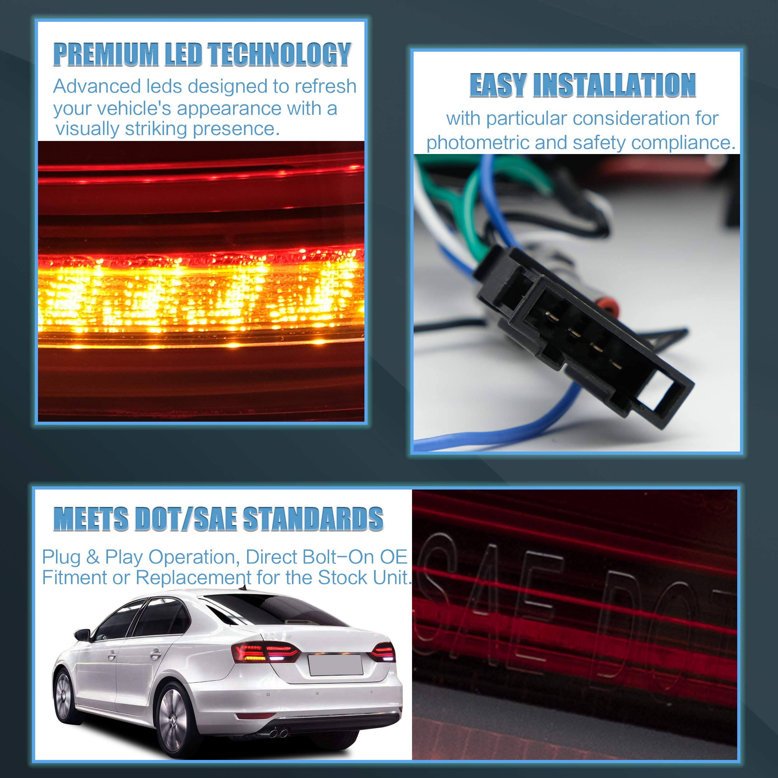 VLAND LED Tail Lights for 2011-2014 Volkswagen Jetta 6th Generation - Plug & Play Direct Replacement - Red & White Lens - Not Compatible with LED Models | Upgrade Your Jetta's Style & Night Visibility