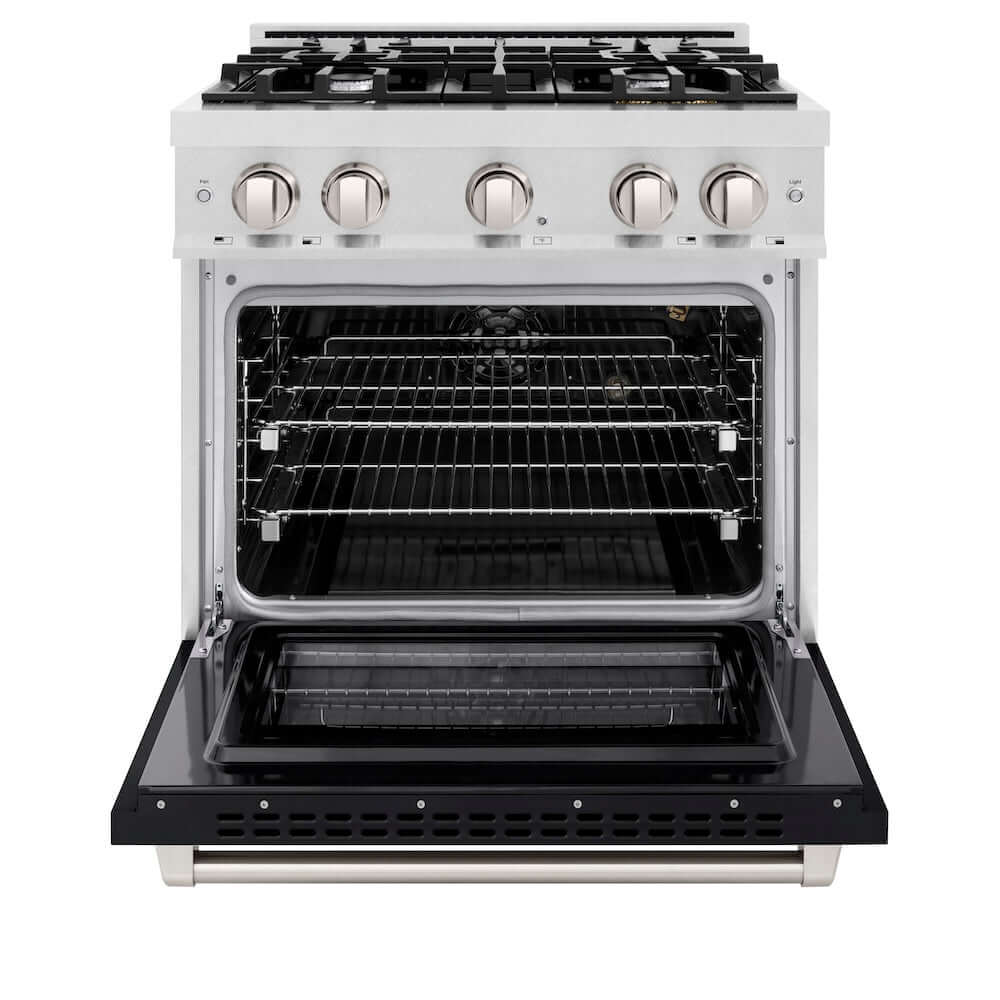 ZLINE 30 Inch 4.2 Cu. Ft. Gas Range with 4 Burner Cooktop & Convection Oven - Satin Stainless Steel with Black Matte Door (HGRS BLM 30) | Perfect for Modern Kitchens, Home Chefs & Entertaining