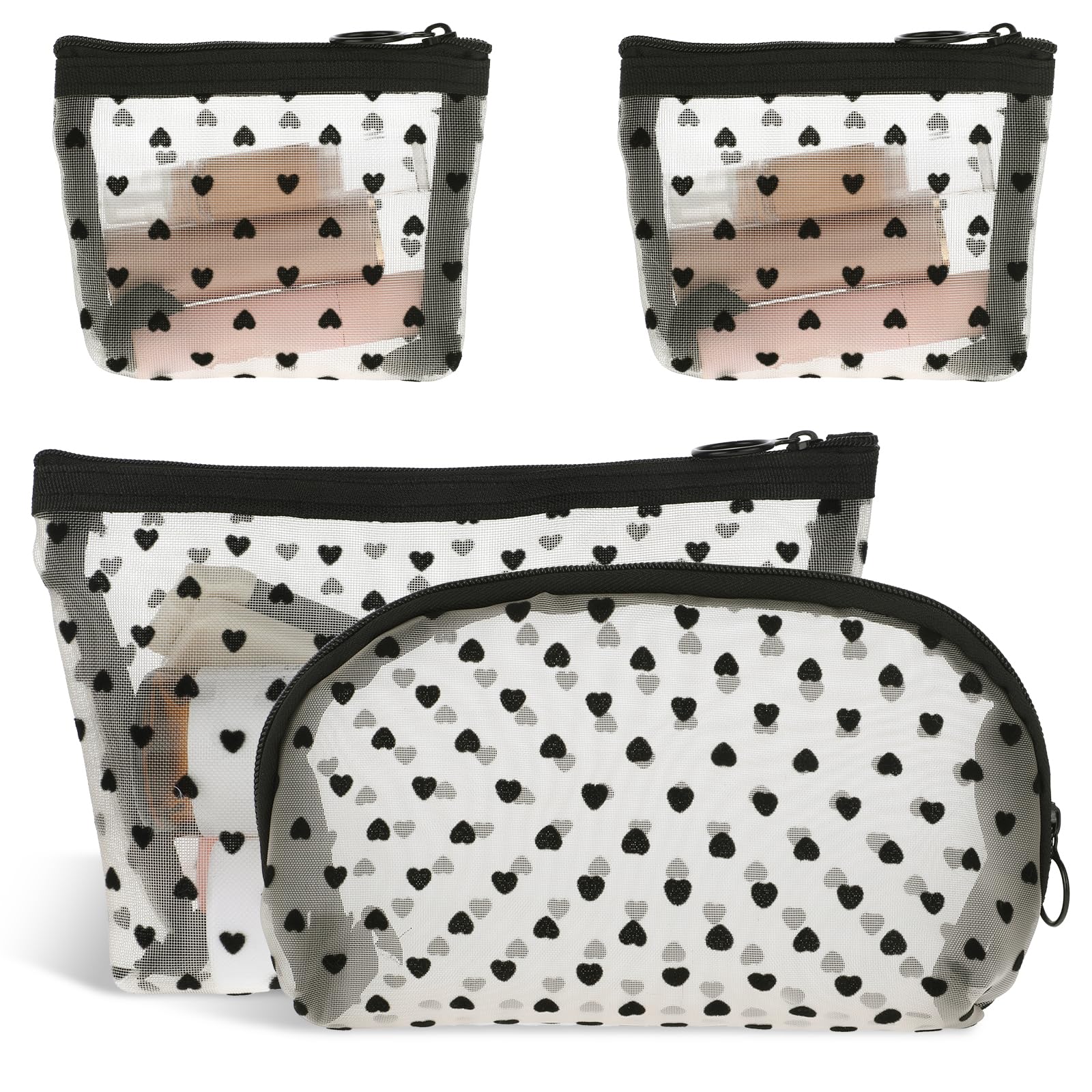 4 Pcs Heart Print Mesh Makeup Bags with Zipper - Portable Cosmetic Organizer for Women | Travel, Home & Office Storage Solution | Waterproof Makeup Pouch for Toiletries & Beauty Essentials